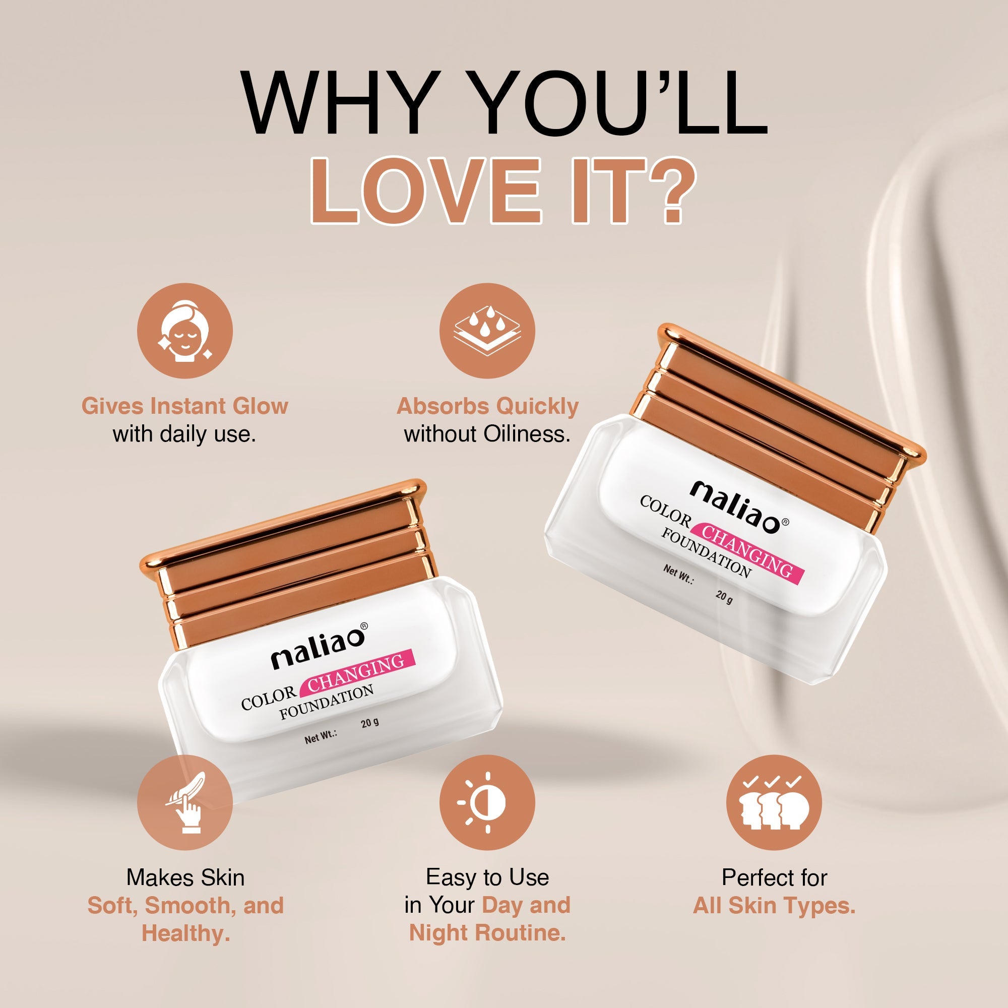 Maliao Color Changing Waterproof Foundation with Satin Finish - Long-Lasting Beauty Face