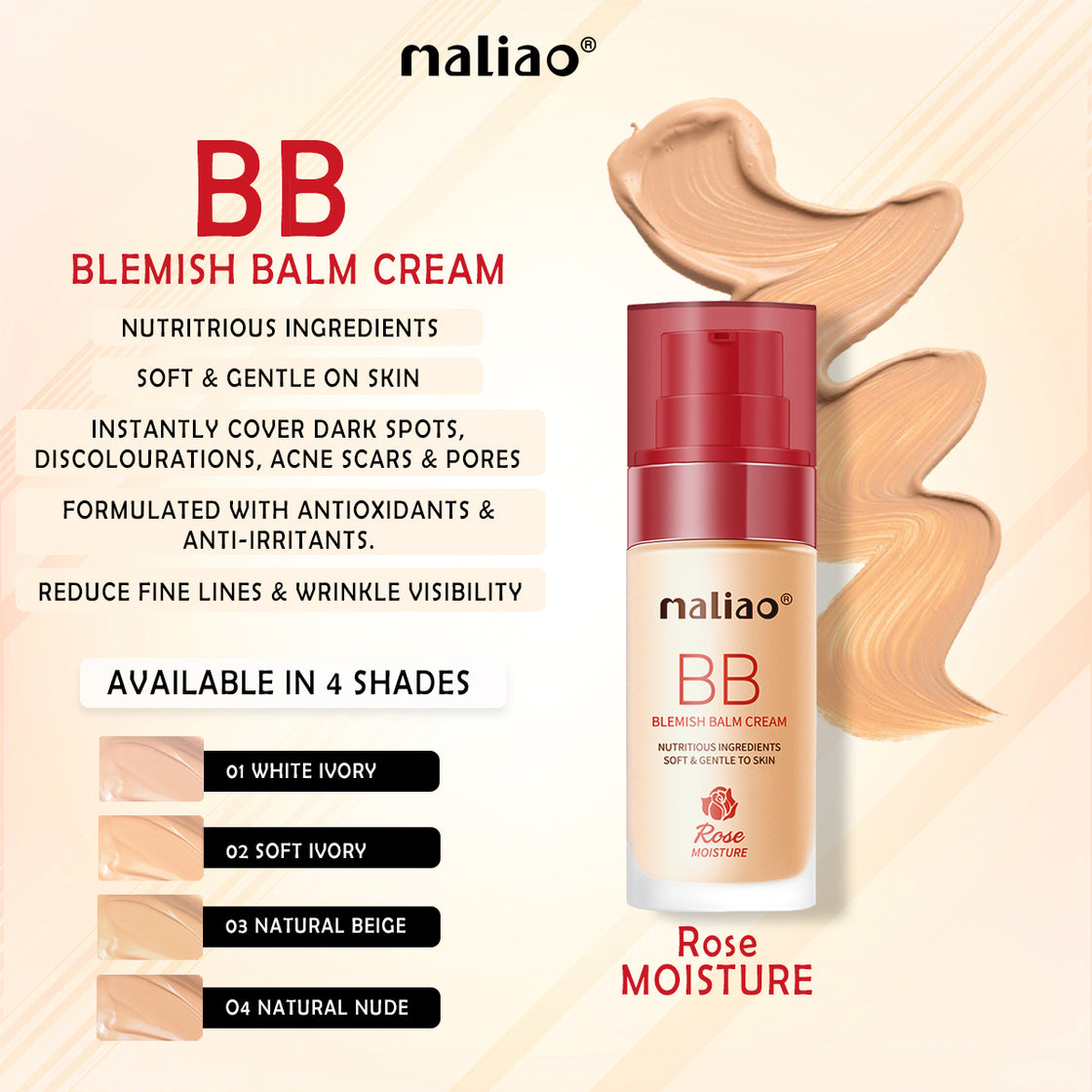 Maliao BB Blemish Balm Rose Moisture Foundation - Radiant Complexion for Face Makeup Maliao Professional Makeup