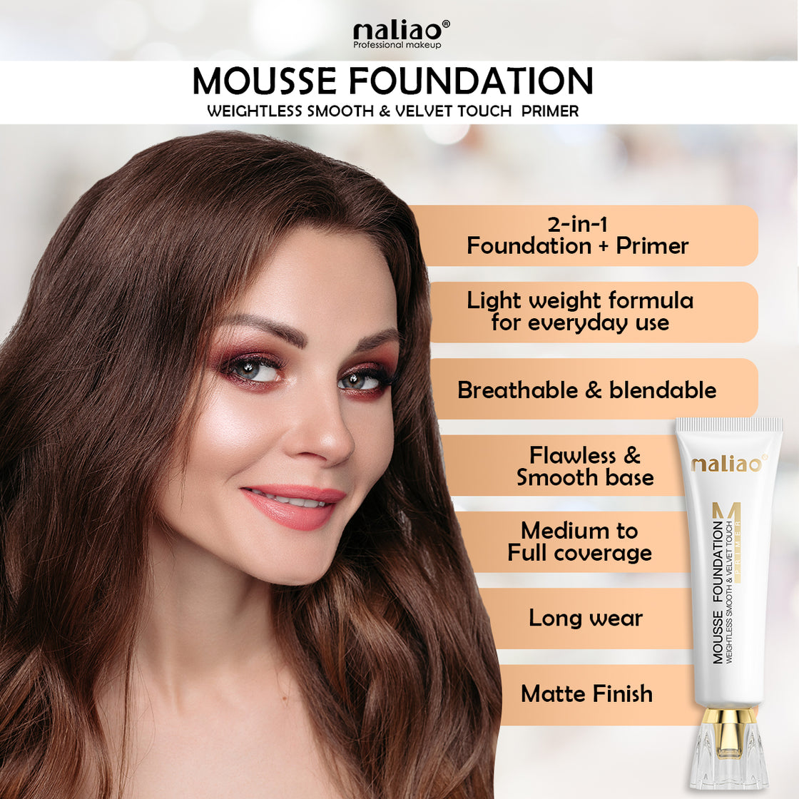 Maliao, Maliao Primer Weightless Smooth, Velvet Touch Mousse Foundation, Flawless Base,  Makeup Essential