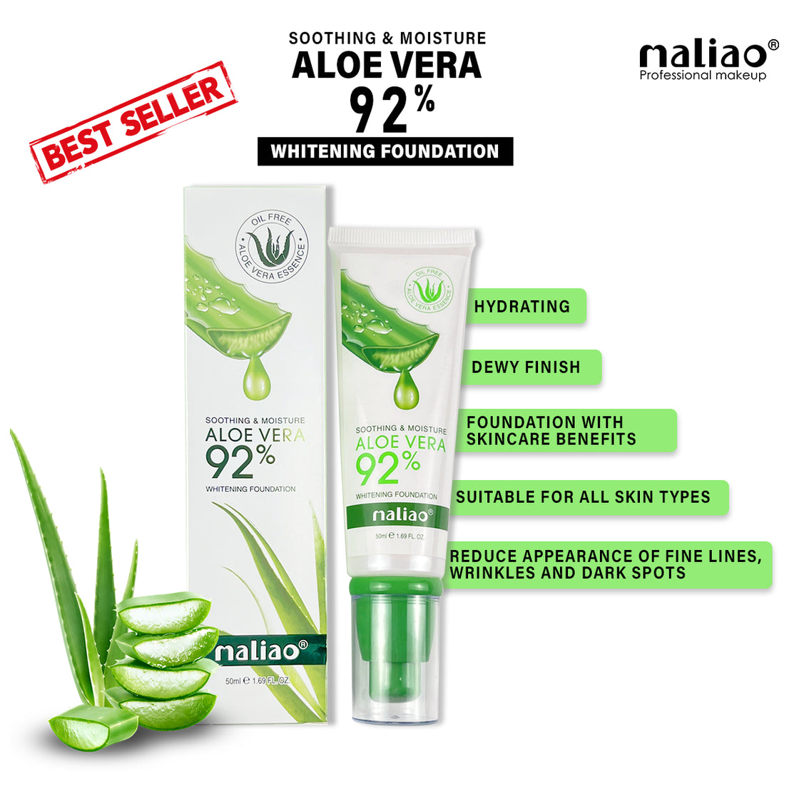 Maliao Aloe Vera 92% Soothing & Moisture Whitening Foundation - Nourish and Illuminate Maliao Professional Makeup