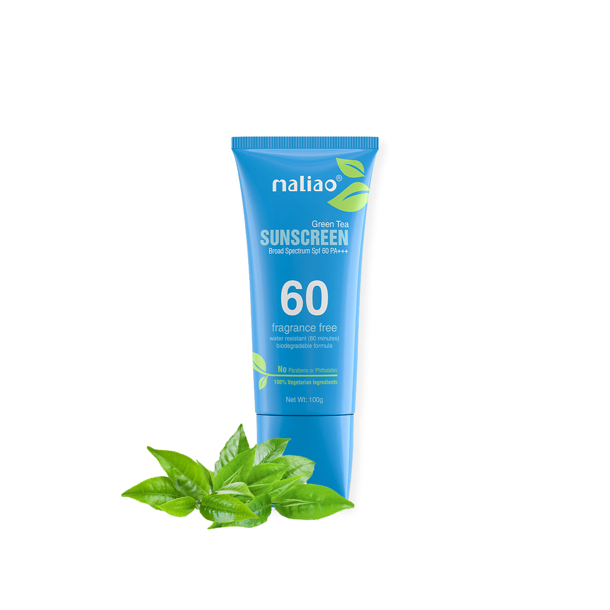 Maliao Green Tea Water Resistant Paraben & Phthalates Free Sunscreen Broad Spectrum SPF 60PA+++ 100g - Maliao Makeup