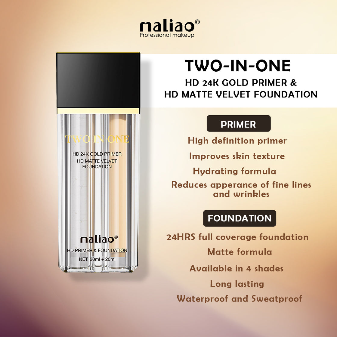 Maliao 2-IN-1 HD 24K Gold Primer & Matte Velvet Foundation - Ultimate Radiance for Face Makeup - Maliao Makeup