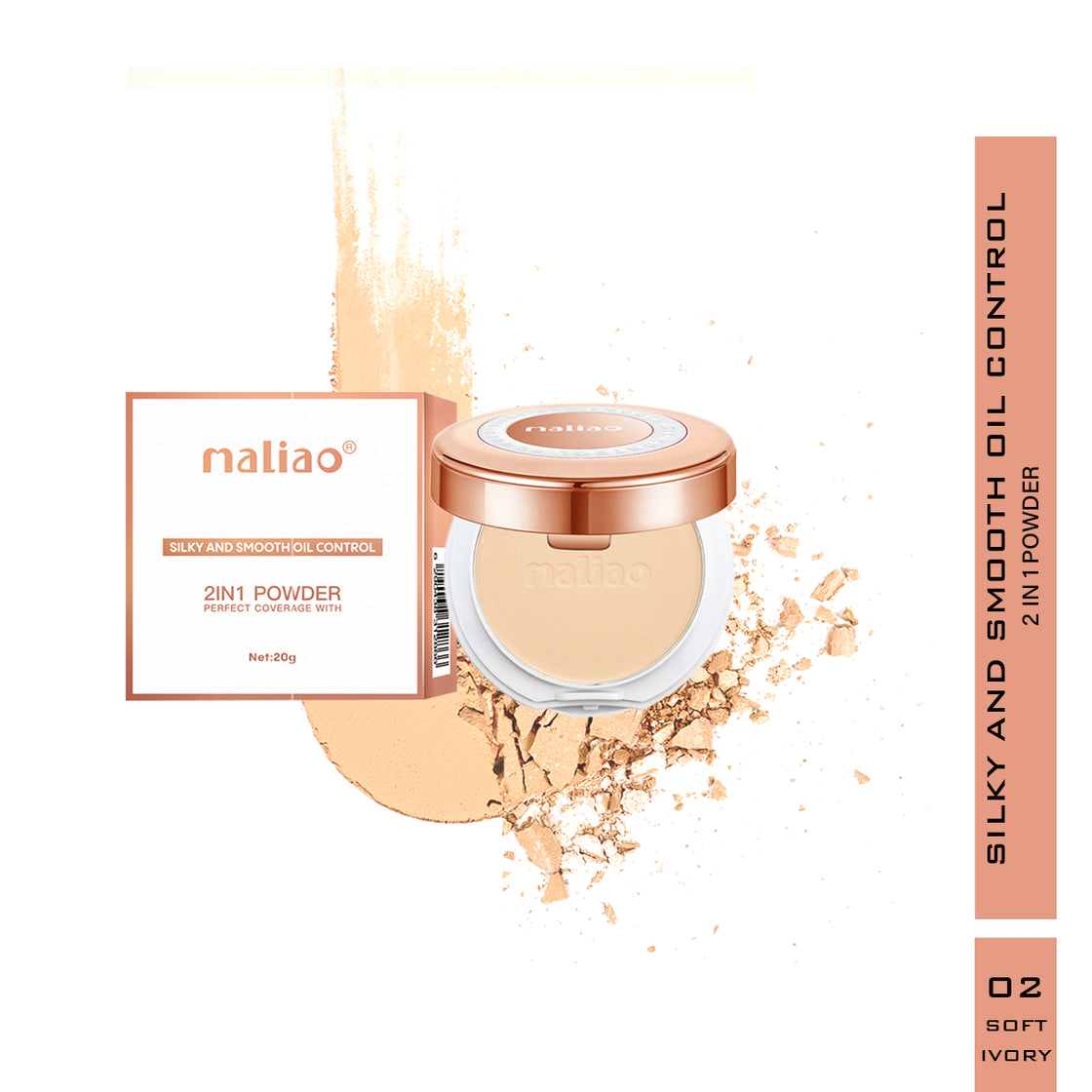 Maliao Silky Smooth Oil Control Compact Powder - 2-in-1 Formula for Perfect Coverage & All-Day Radiance Face 02-Soft-Ivory