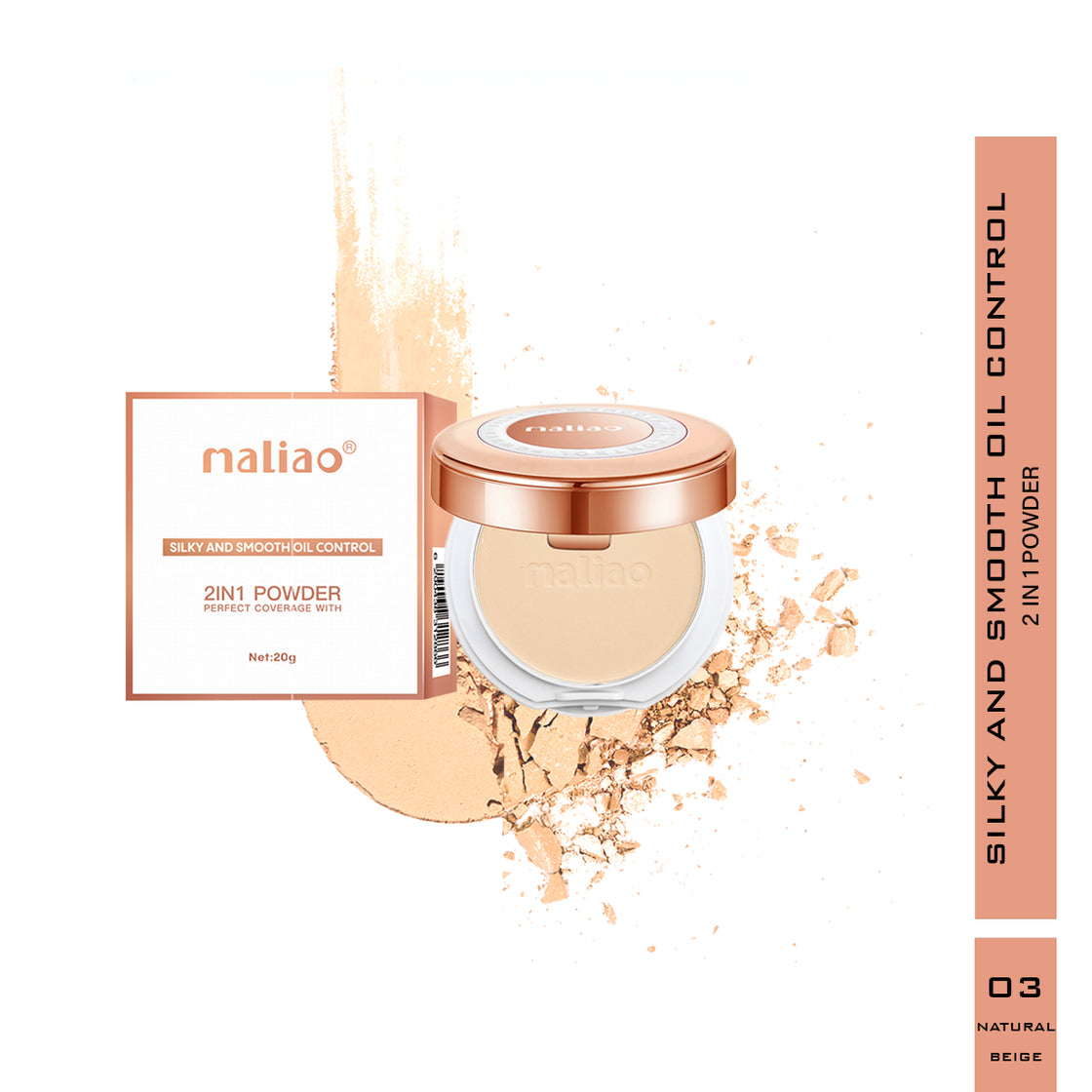 Maliao Silky Smooth Oil Control Compact Powder - 2-in-1 Formula for Perfect Coverage & All-Day Radiance Face 03-Natural-Beige