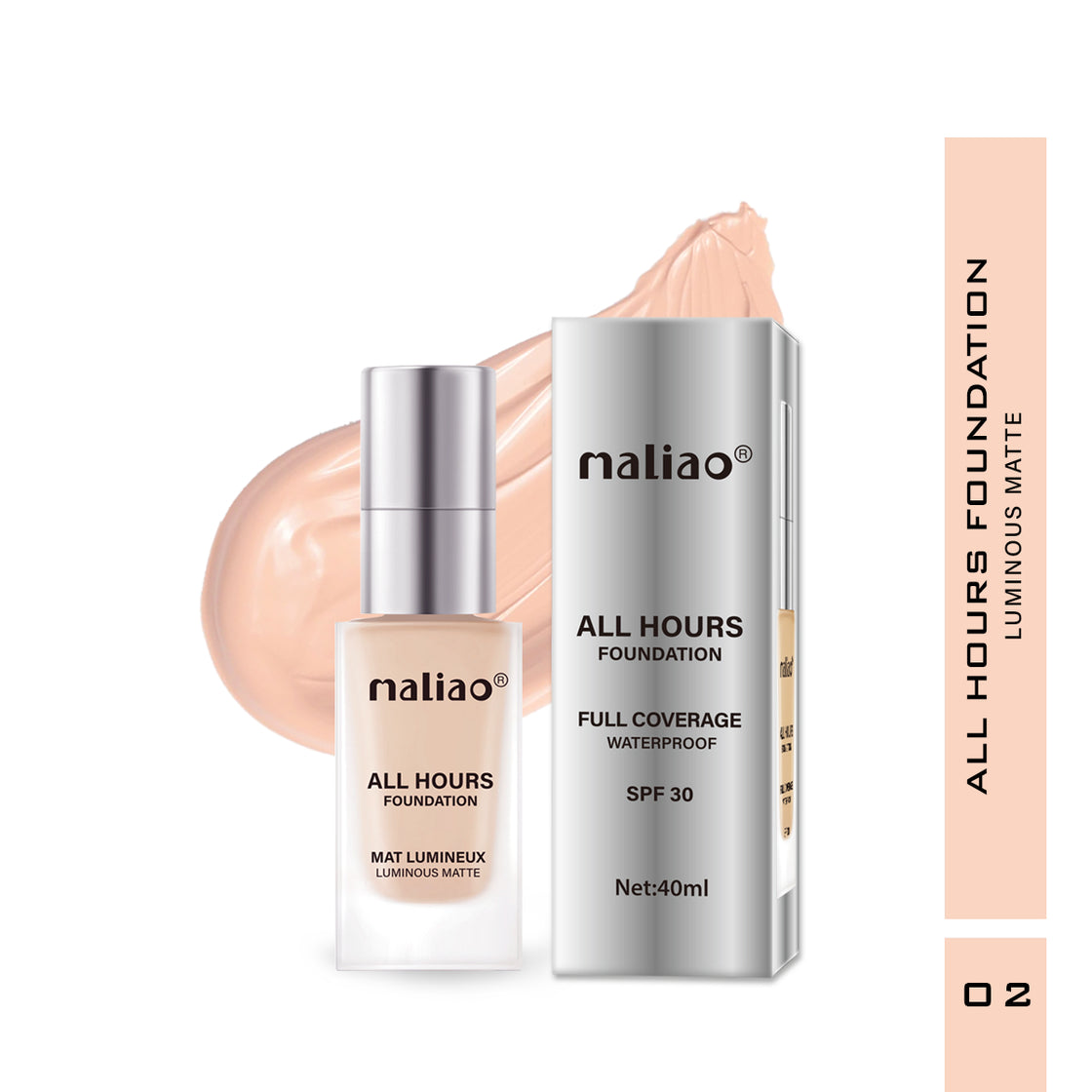 Maliao All Hours Foundation Mat Lumineux - Full Coverage, Waterproof, Luminous Matte Finish Face 02