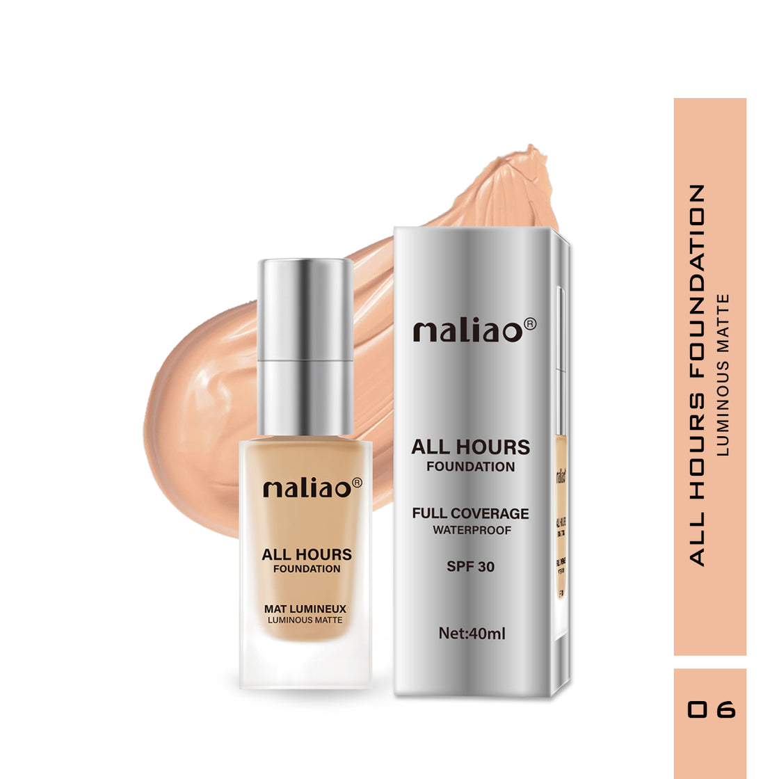 Maliao All Hours Foundation Mat Lumineux - Full Coverage, Waterproof, Luminous Matte Finish Face 06