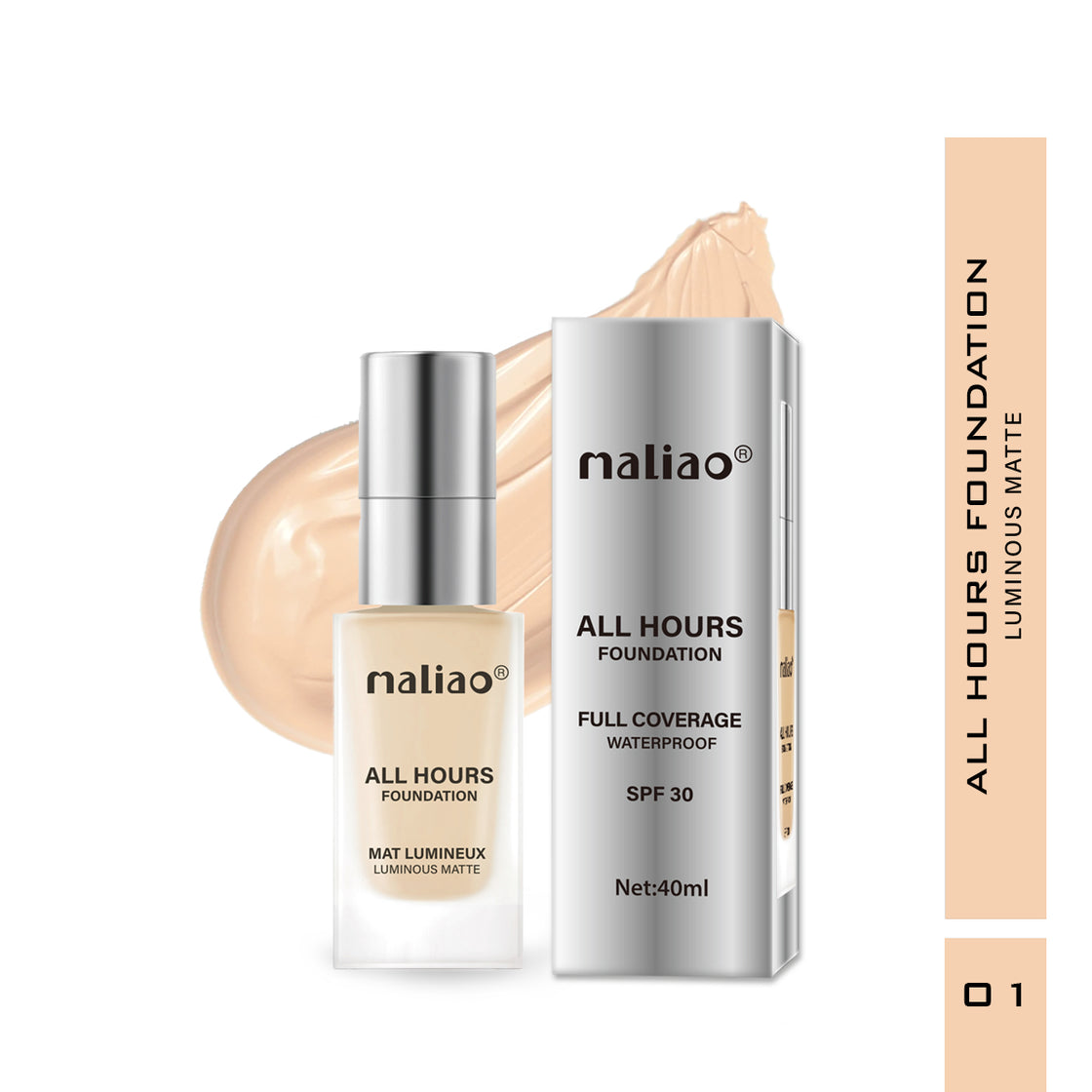 Maliao All Hours Foundation Mat Lumineux - Full Coverage, Waterproof, Luminous Matte Finish Face 01