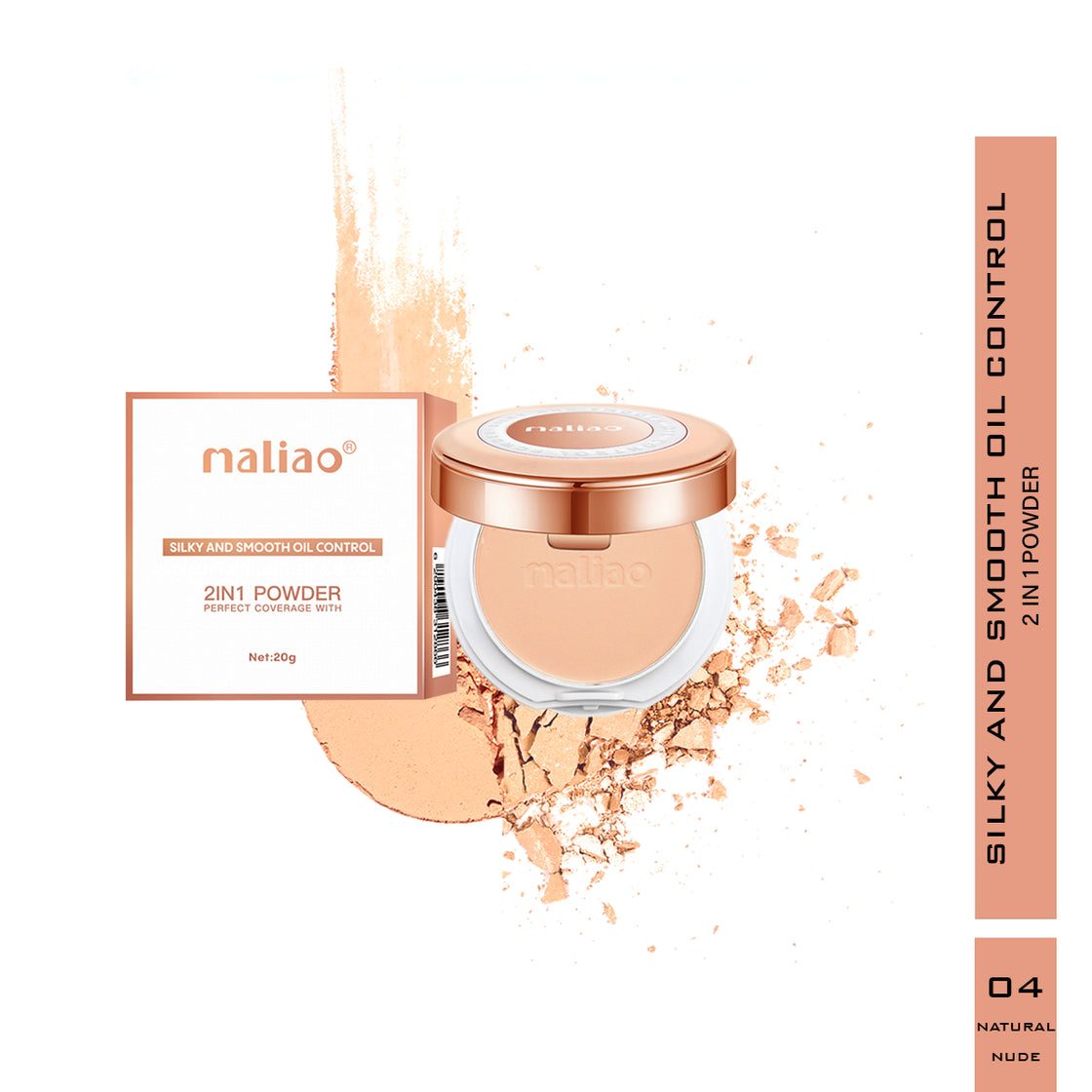 Maliao Silky Smooth Oil Control Compact Powder - 2-in-1 Formula for Perfect Coverage & All-Day Radiance Face 04-Natural-Nude