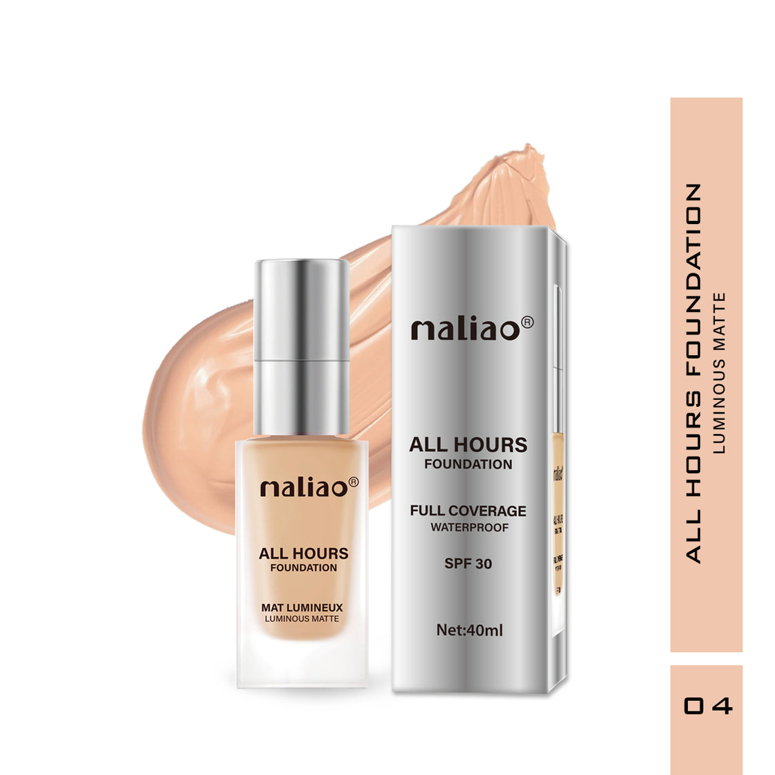 Maliao All Hours Foundation Mat Lumineux - Full Coverage, Waterproof, Luminous Matte Finish Face 04