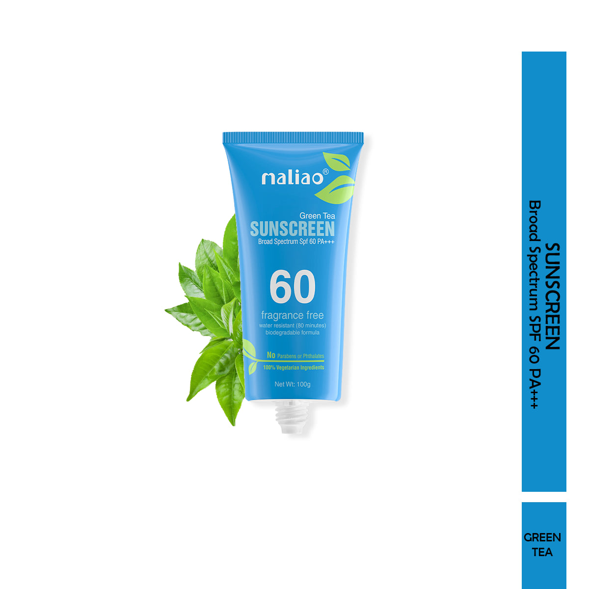 Maliao Green Tea Water Resistant Paraben & Phthalates Free Sunscreen Broad Spectrum SPF 60PA+++ 100g - Maliao Makeup