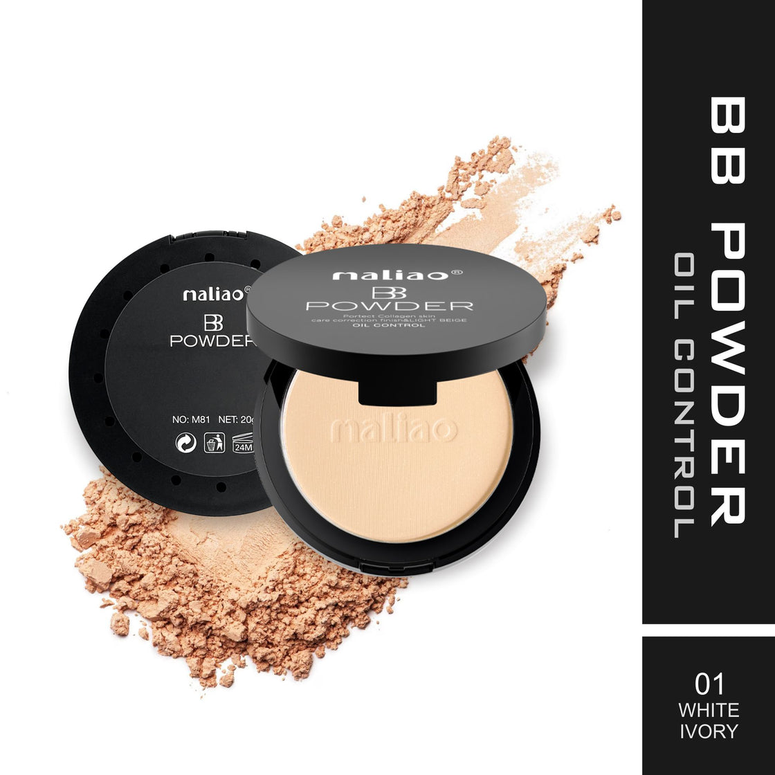 Maliao BB Compact Powder Oil Control - Protect Collagen, Skin Care Correction Finish, Light Beige - Maliao Makeup