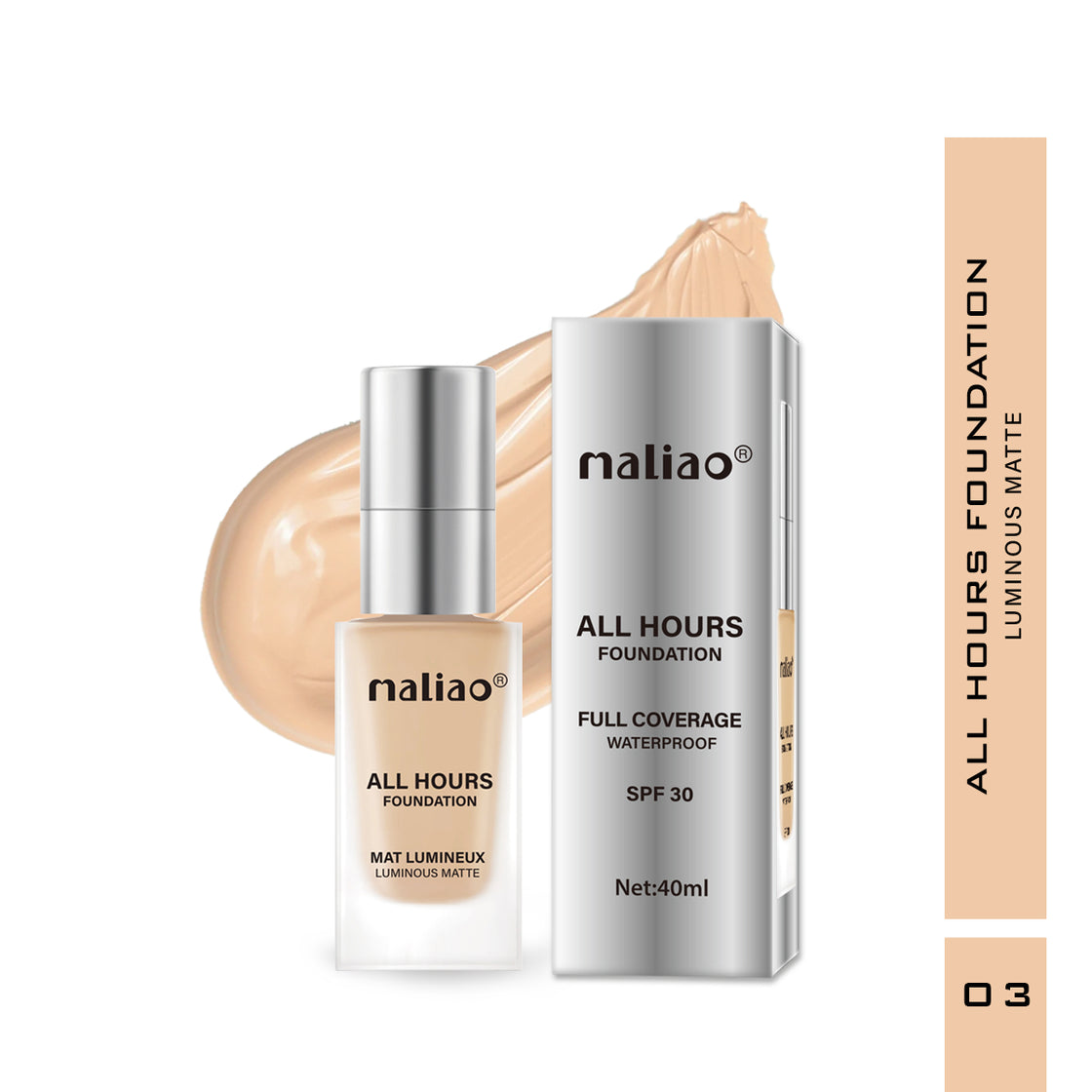 Maliao All Hours Foundation Mat Lumineux - Full Coverage, Waterproof, Luminous Matte Finish Face 03