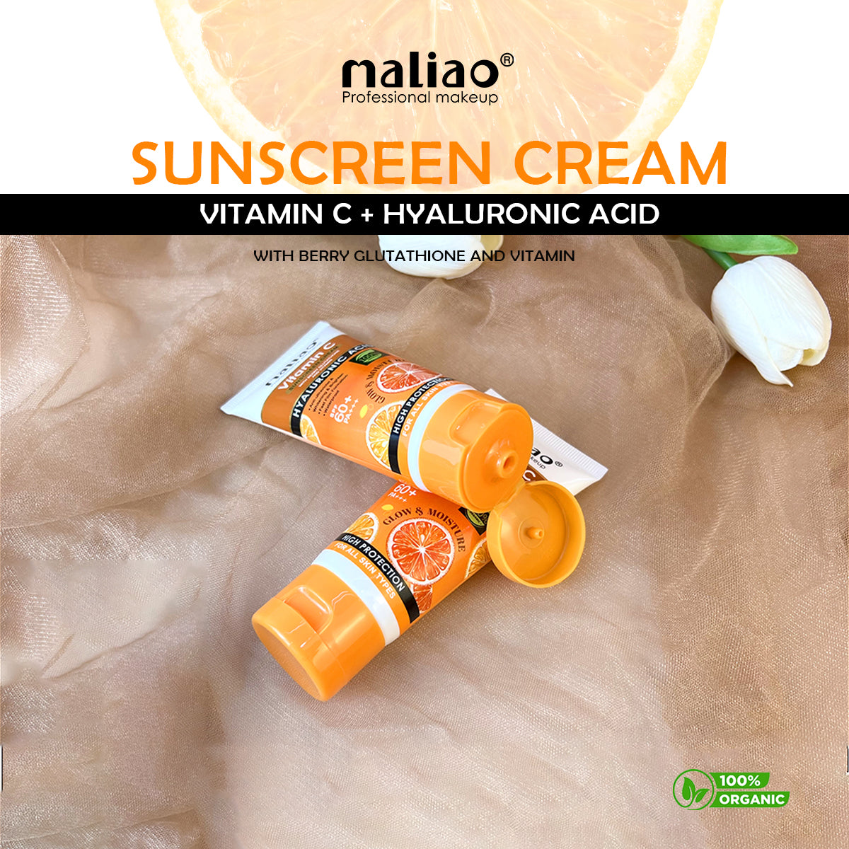 Maliao,Waterproof,AllSkinTypes,Skincare,VitaminC,HyaluronicAcid,BerryGlutathione,SunscreenCream,SPF60,PA+++,