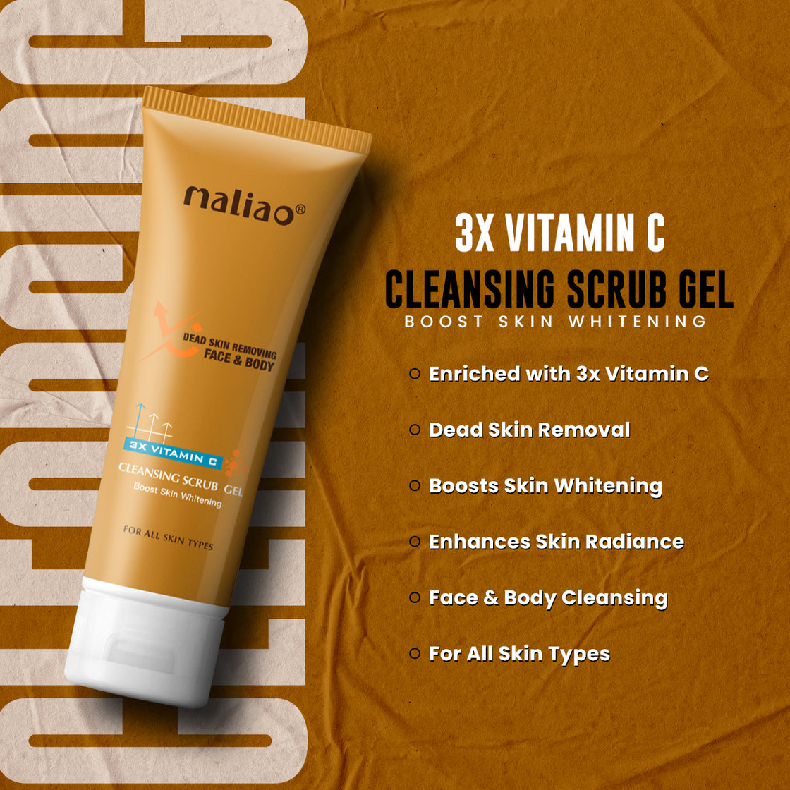 Maliao Cleansing Scrub Gel with 3x Vitamin C - Deep Cleansing & Skin Whitening Boost Face, Body