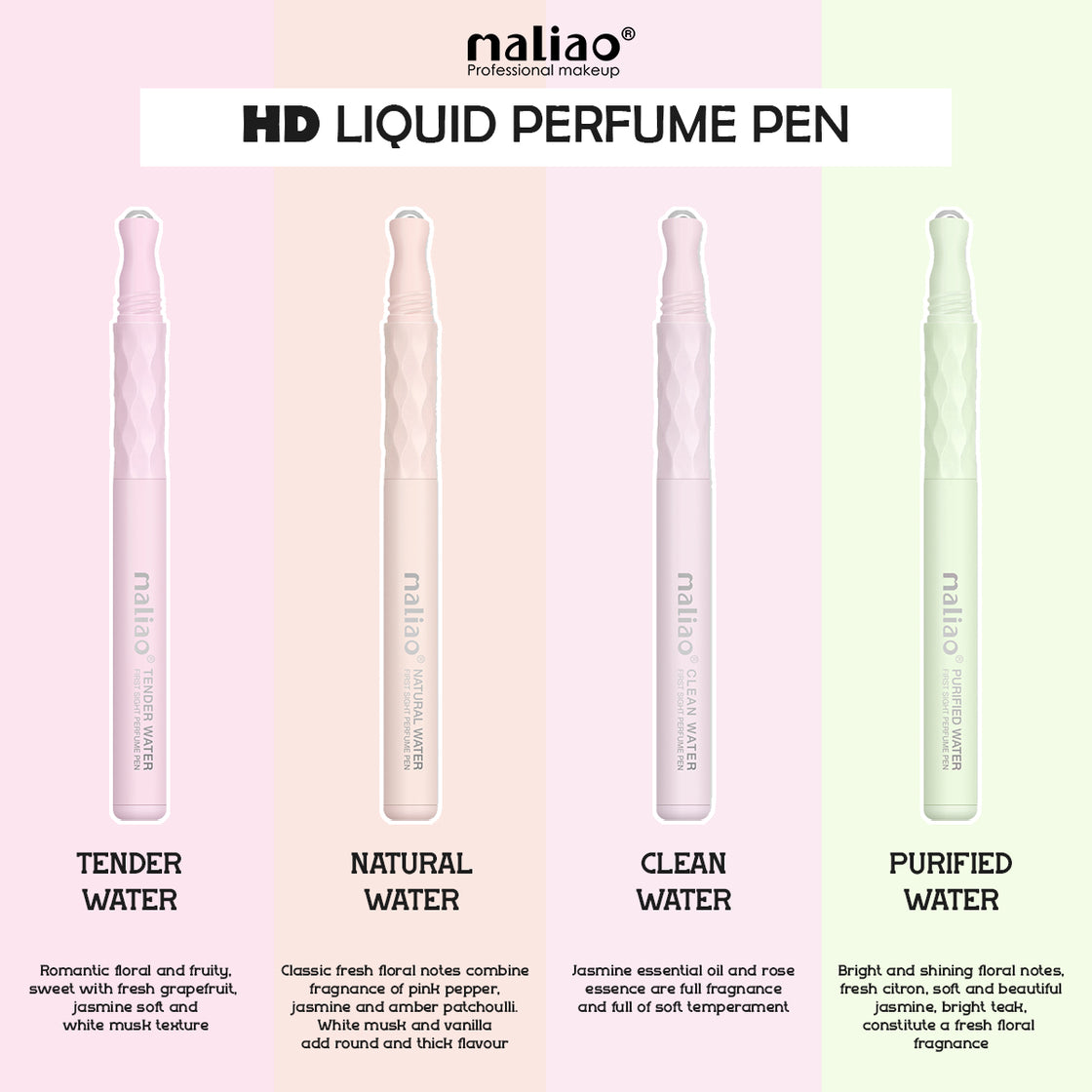 Maliao HD Liquid Roll on Perfume Pen - 4 Fragrances in 1 Packet (Tender Water, Natural Water, Clean Water, Purified Water) - Maliao Makeup