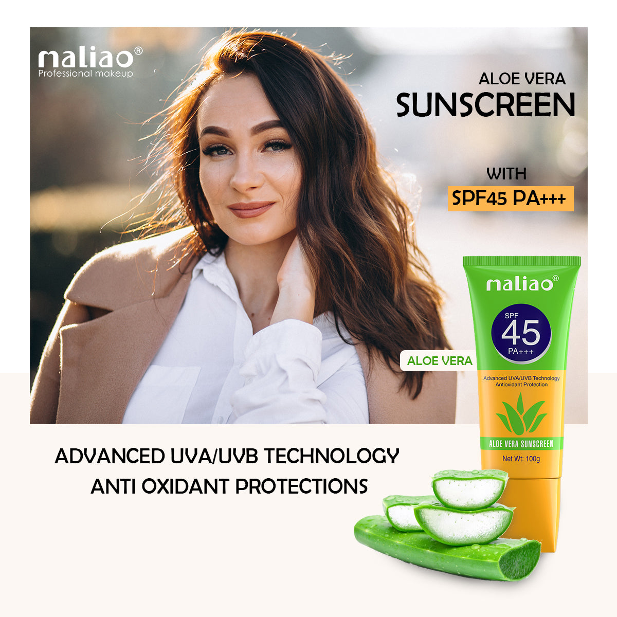 Maliao Aloe Vera Sunscreen SPF 45 PA+++ - Ultimate Sun Protection with Hydration - Maliao Makeup