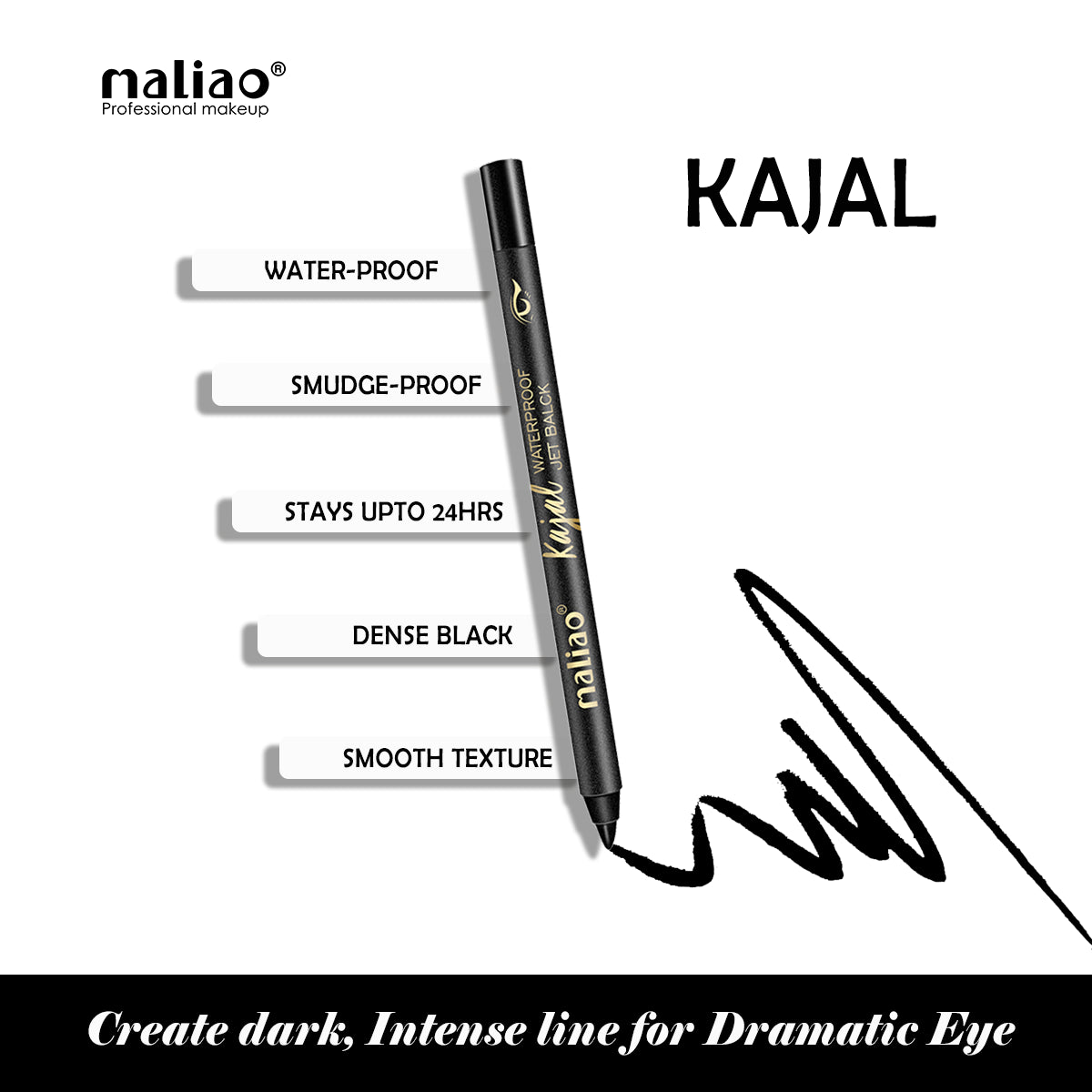 Maliao Waterproof Jet Black Kajal - Smudgeproof, Creamy & Smooth - Maliao Makeup