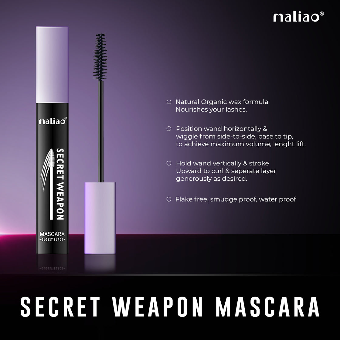 Maliao Secret Weapon Mascara - Glossy Black Lashes, Voluminous & Lengthening (10ml) - Maliao Makeup