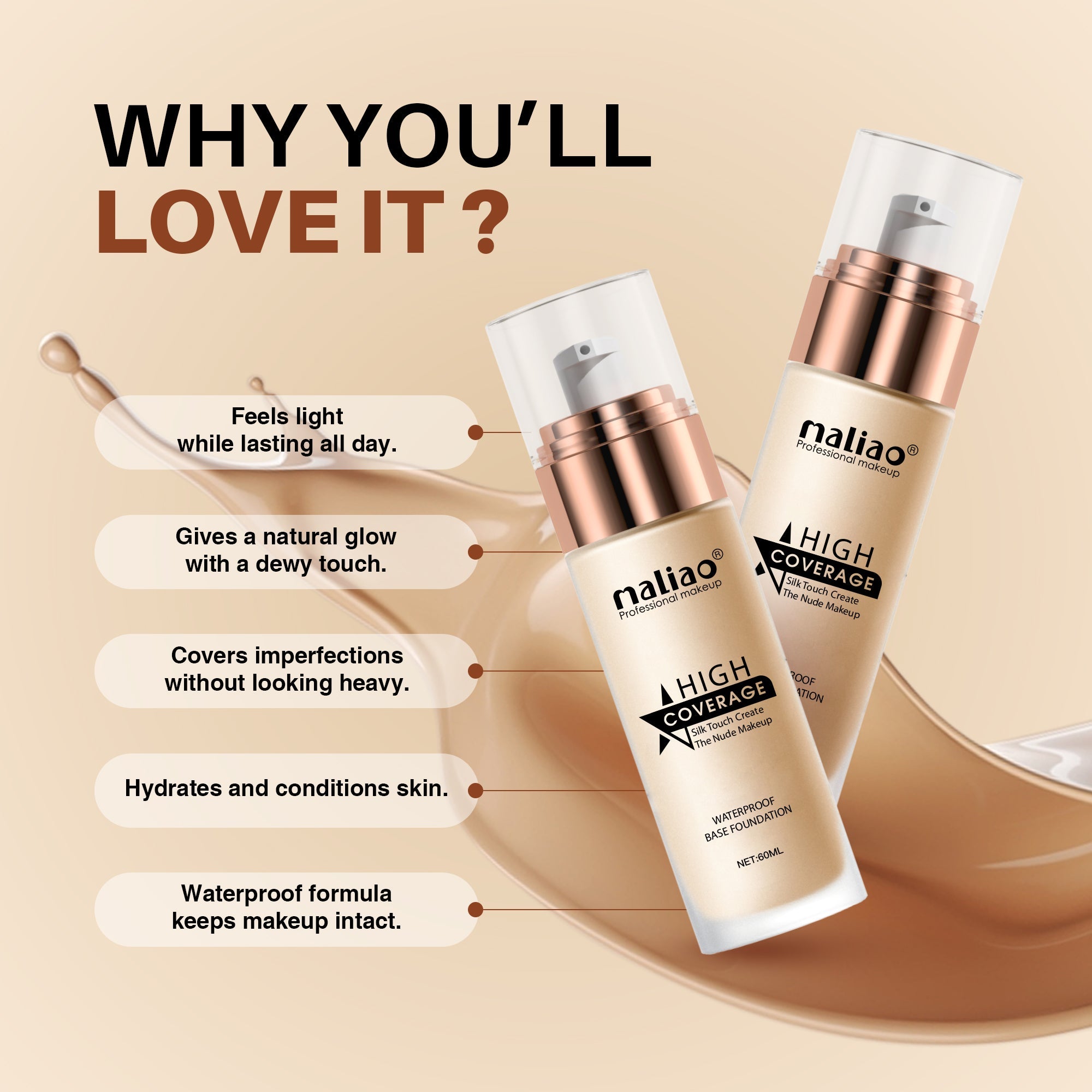 Maliao High Coverage Waterproof Base Foundation - Flawless All-Day Wear Face