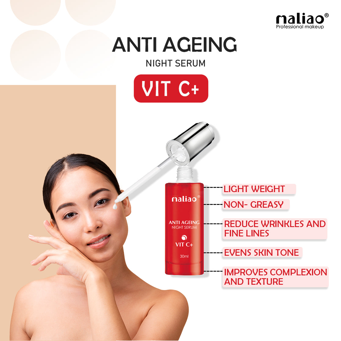 Maliao VIT C+ Anti Ageing Night Serum - Skin Renewal & Brightening Maliao Professional Makeup