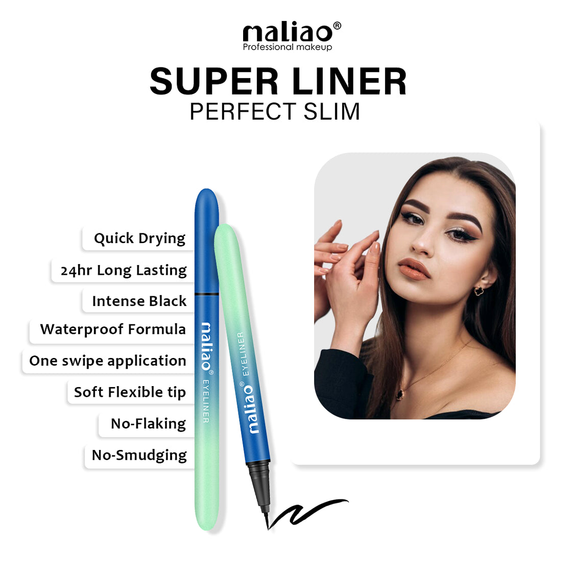 Maliao Long Lasting Waterproof Perfect Slim Jet Black Super Eyeliner 1.5ml - Maliao Makeup