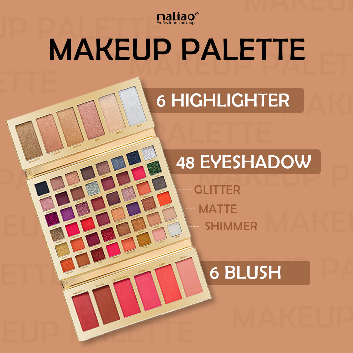Maliao, Maliao Name Makeup Palette, 48 Color Eyeshadow, Versatile Eye Makeup Palette