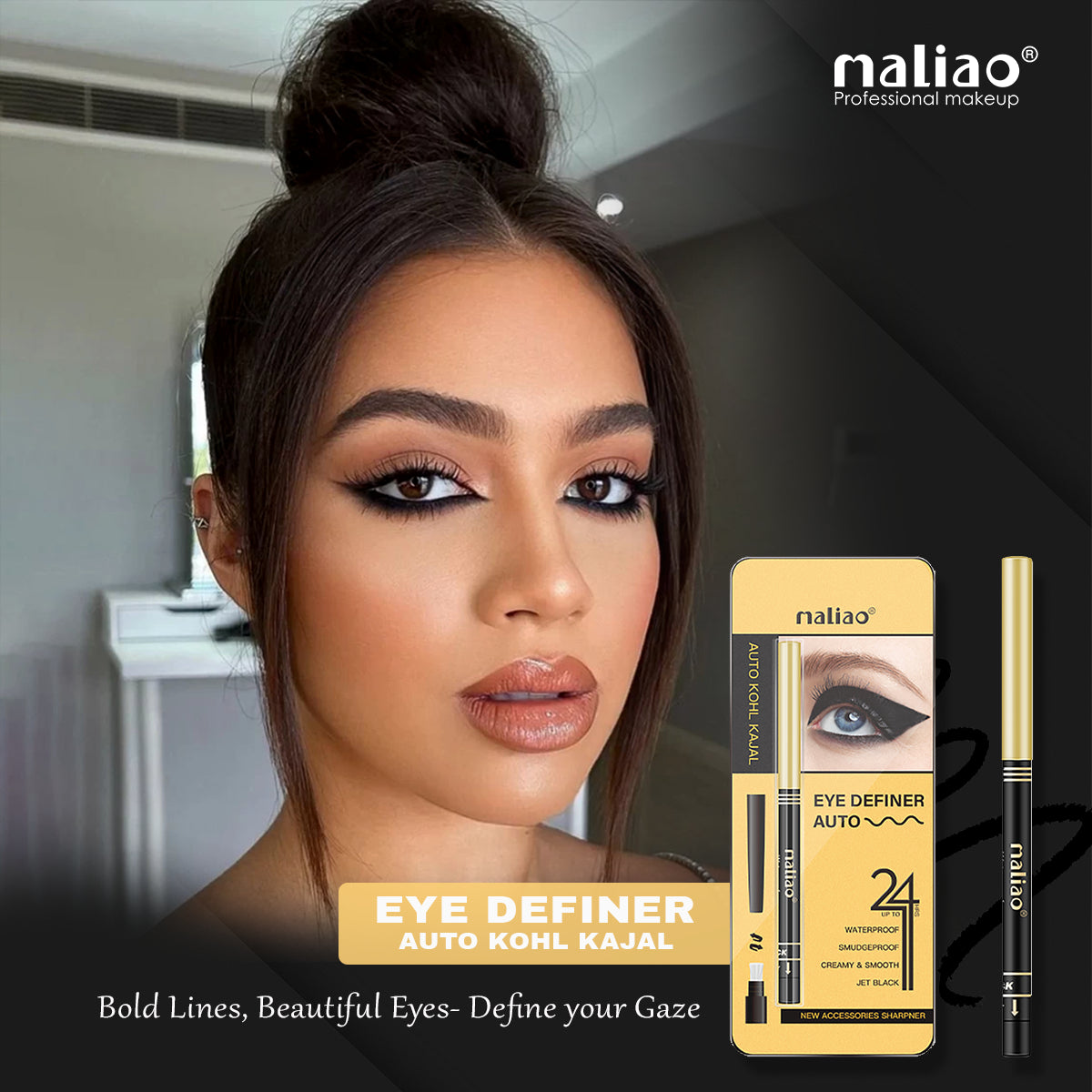 Maliao Eye Definer Auto Kajal - 24H Waterproof, Smudgeproof Kohl Eyeliner in Jet Black - Maliao Makeup