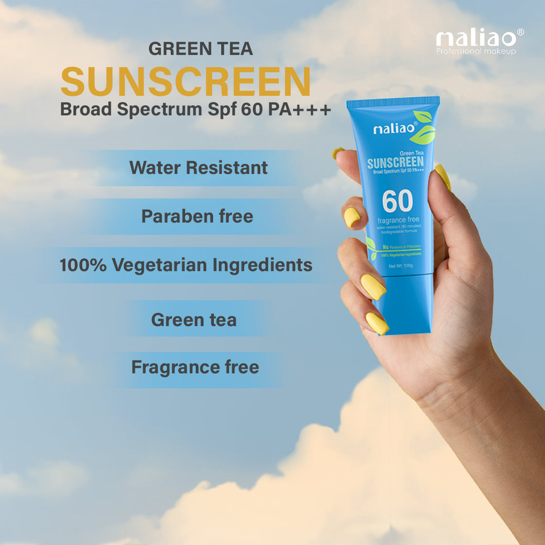 Maliao Green Tea Water Resistant Paraben & Phthalates Free Sunscreen Broad Spectrum SPF 60PA+++ 100g - Maliao Makeup