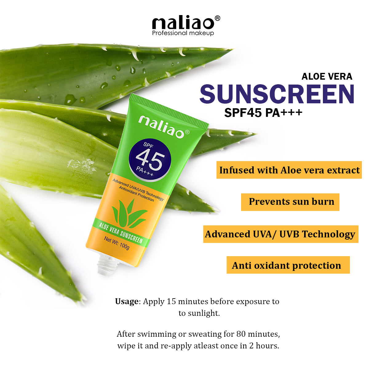 Maliao Aloe Vera Sunscreen SPF 45 PA+++ - Ultimate Sun Protection with Hydration - Maliao Makeup