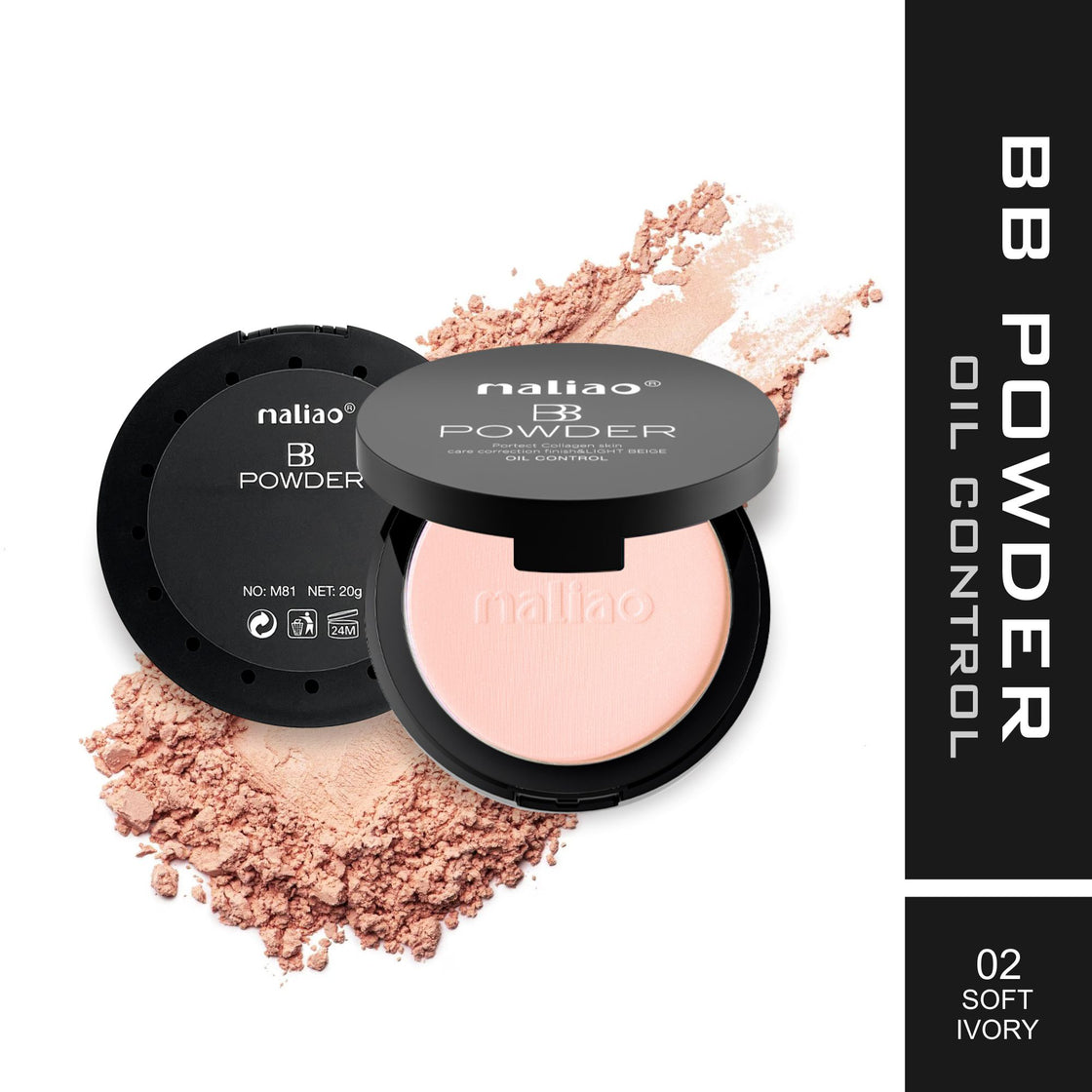 Maliao BB Compact Powder Oil Control - Protect Collagen, Skin Care Correction Finish, Light Beige - Maliao Makeup