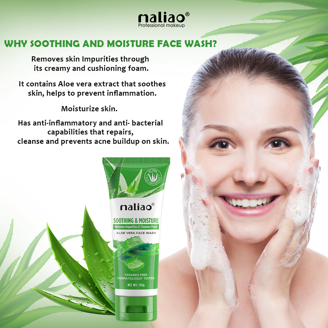 Maliao Soothing Aloe Vera Face Wash - Removes Impurities & Cleanses Pores - Maliao Makeup