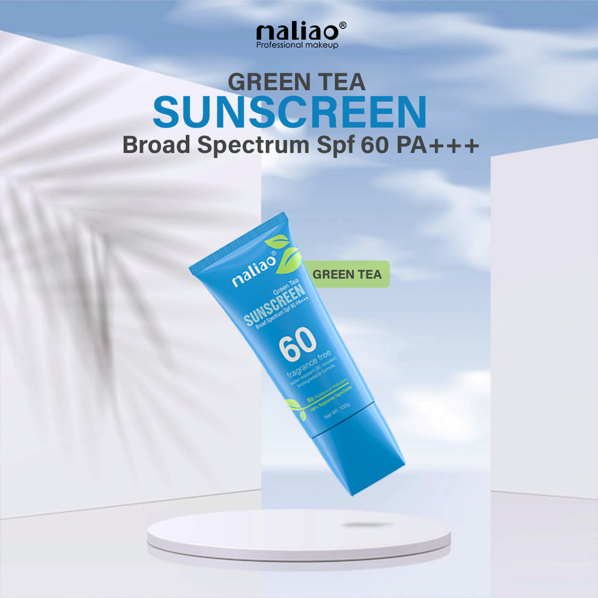 Maliao Green Tea Water Resistant Paraben & Phthalates Free Sunscreen Broad Spectrum SPF 60PA+++ 100g - Maliao Makeup