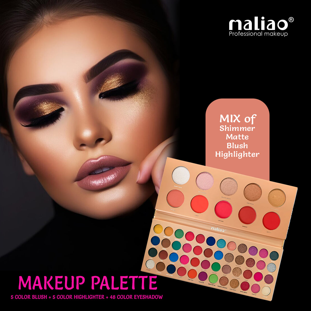 Maliao All-in-One Eyeshadow Palette Pro - 58 Colors with 5 Blush, 5 Highlighter, 48 Eyeshadows - Maliao Makeup