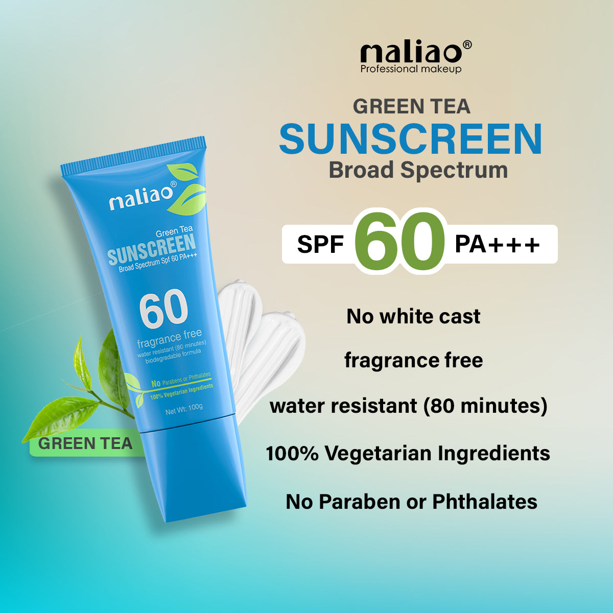 Maliao Green Tea Water Resistant Paraben & Phthalates Free Sunscreen Broad Spectrum SPF 60PA+++ 100g - Maliao Makeup