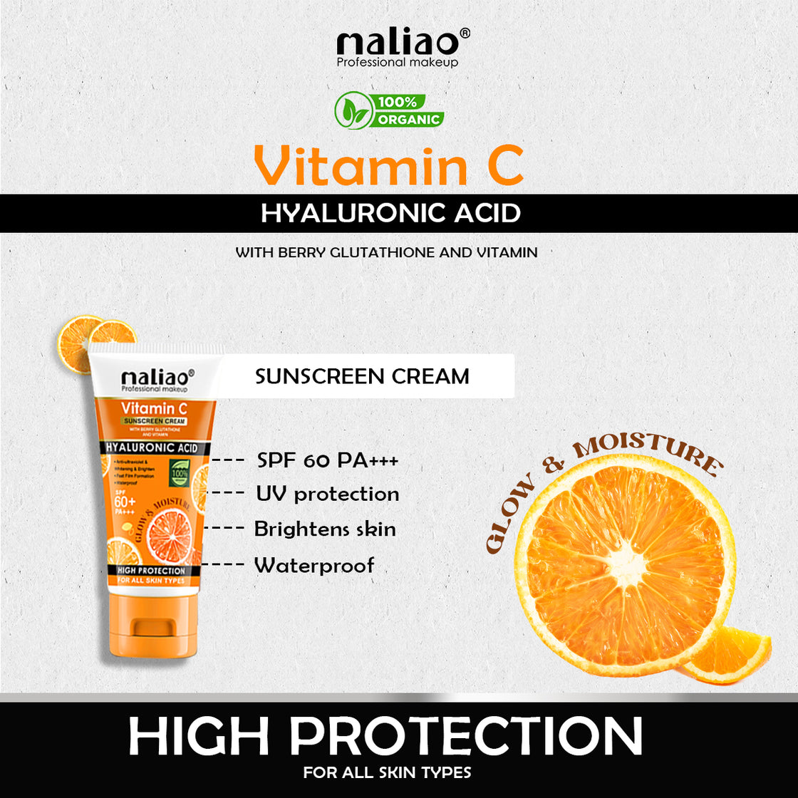 Maliao,Waterproof,AllSkinTypes,Skincare,VitaminC,HyaluronicAcid,BerryGlutathione,SunscreenCream,SPF60,PA+++,