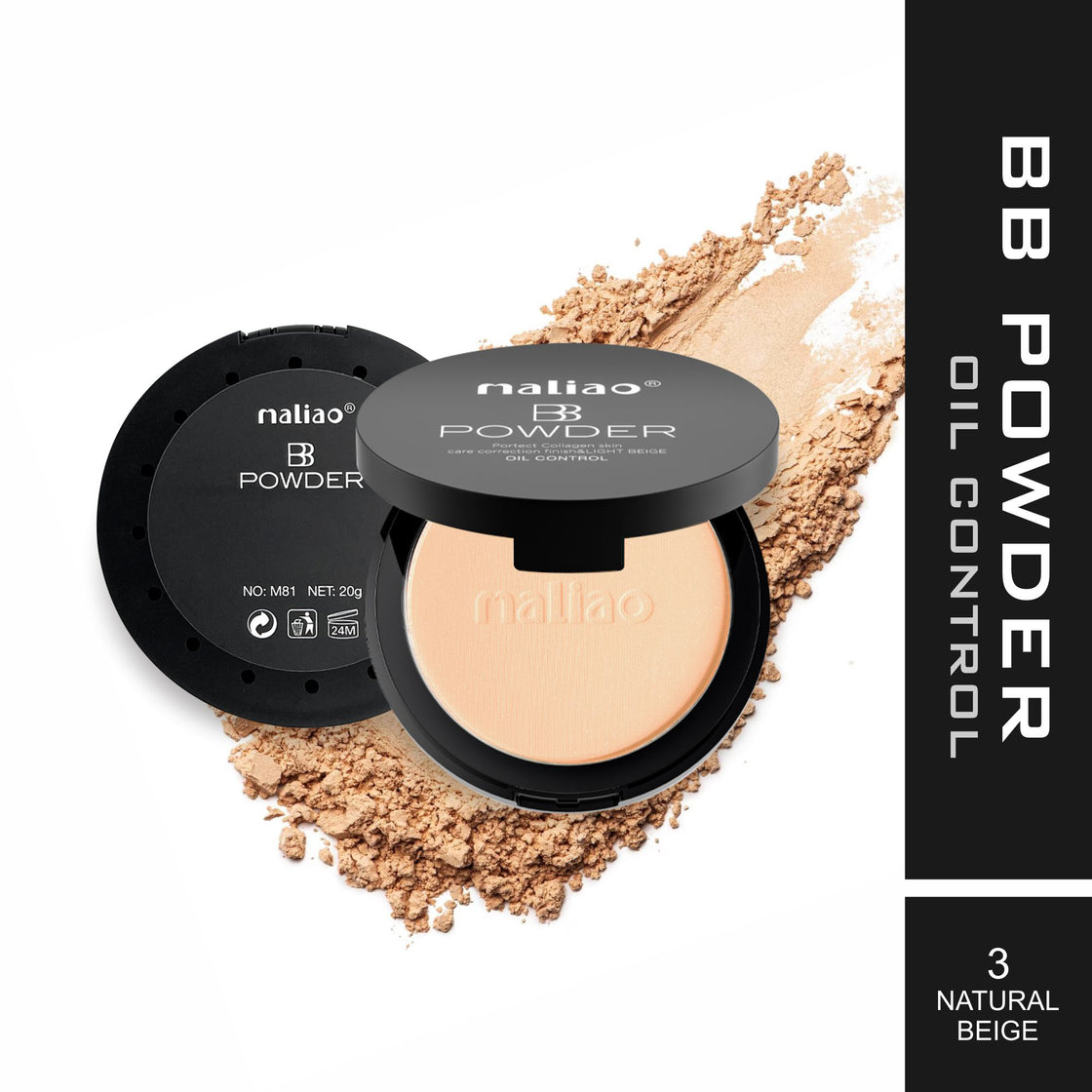 Maliao BB Compact Powder Oil Control - Protect Collagen, Skin Care Correction Finish, Light Beige - Maliao Makeup