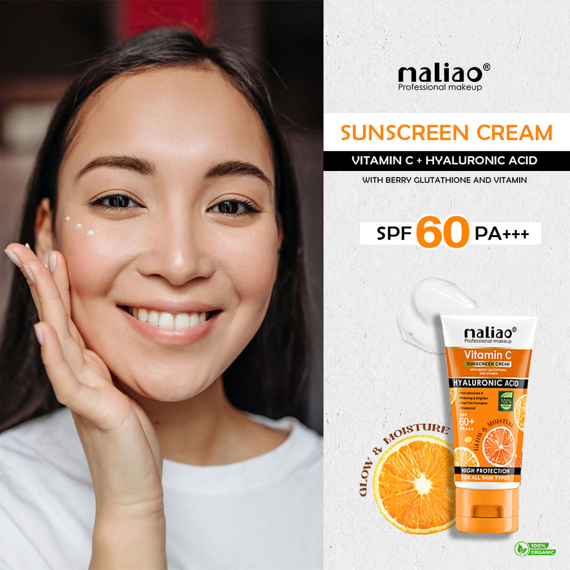 Maliao,Waterproof,AllSkinTypes,Skincare,VitaminC,HyaluronicAcid,BerryGlutathione,SunscreenCream,SPF60,PA+++,