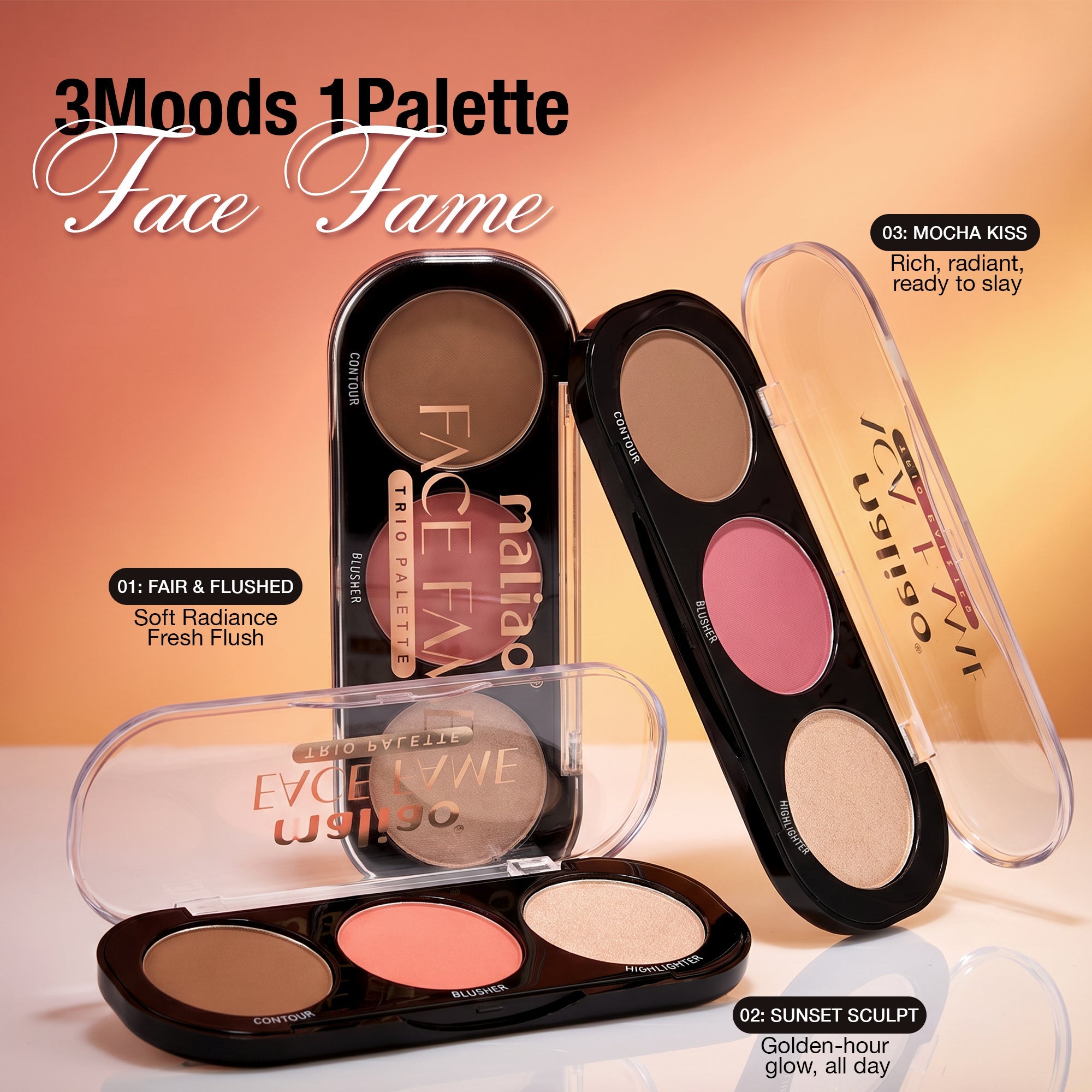 Maliao Face Fame Trio Palette-Blusher, Contour & Highlighter Face