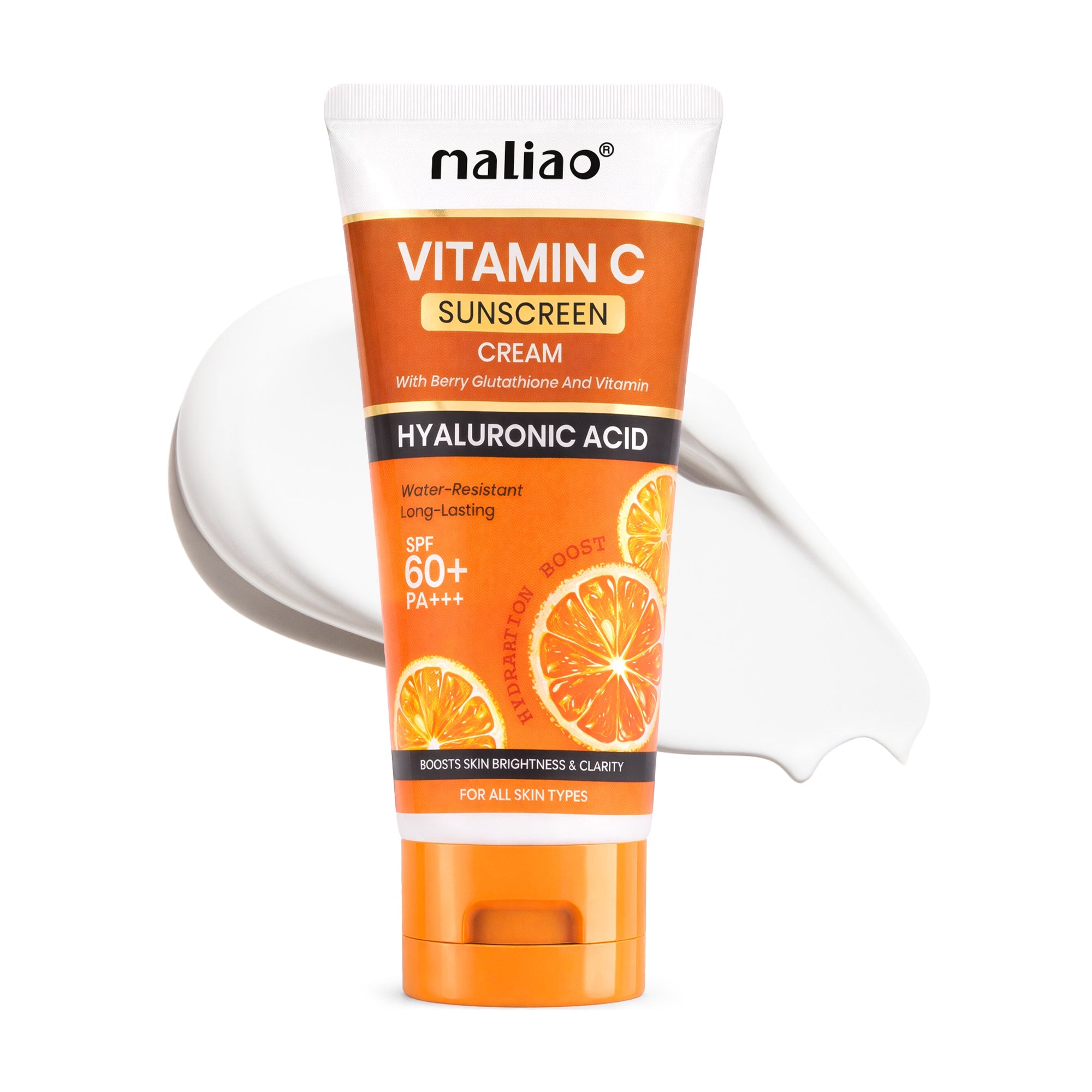 Maliao Vitamin C Sunscreen Cream with Berry Glutathione & Hyaluronic Acid - SPF 60+ PA+++ (High Protection, Waterproof, All Skin Types) Face