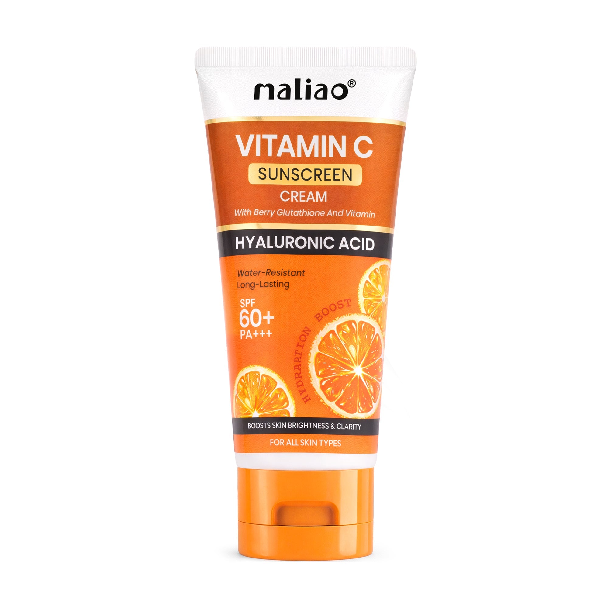 Maliao Vitamin C Sunscreen Cream with Berry Glutathione & Hyaluronic Acid - SPF 60+ PA+++ (High Protection, Waterproof, All Skin Types) Face