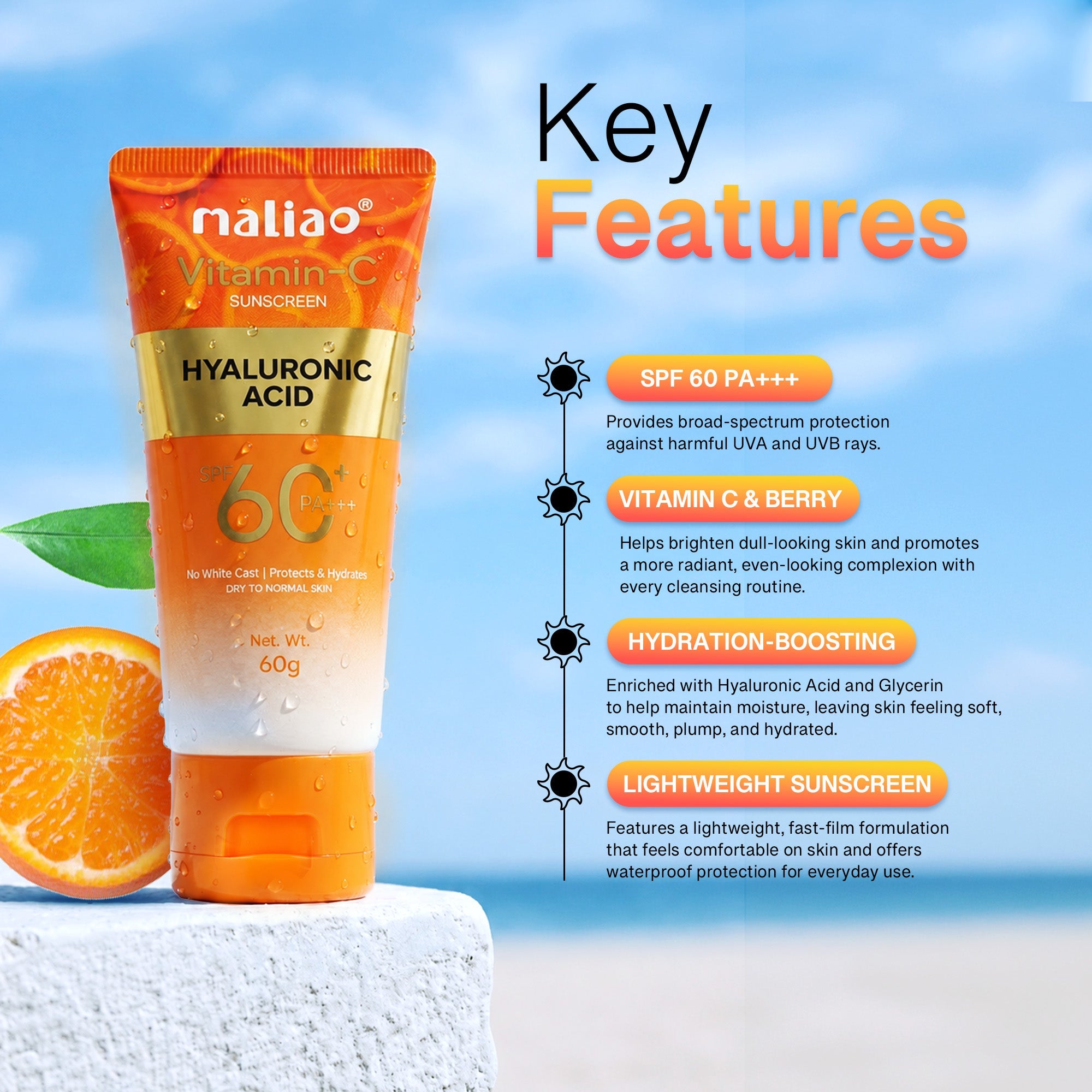 Maliao Vitamin C SPF 60 PA+++ Sunscreen Cream Face