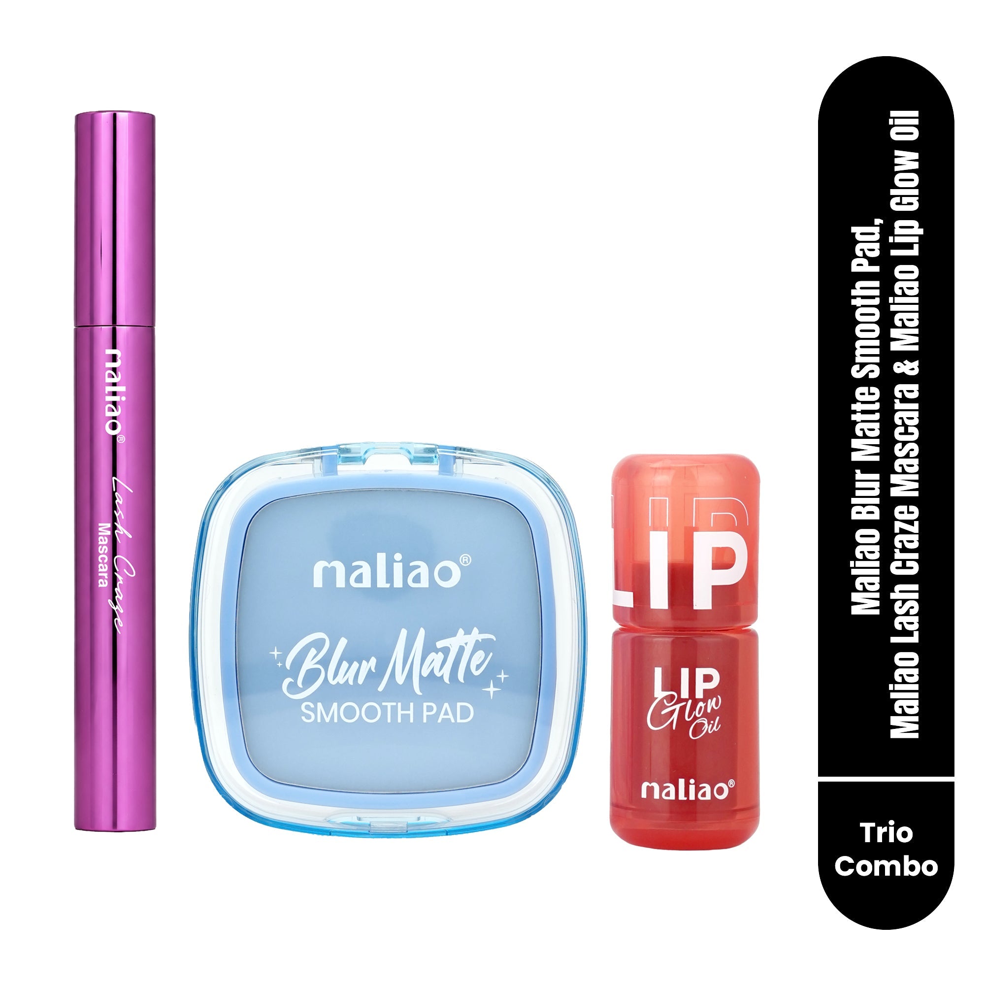 Maliao Blur Matte Smooth Pad, Maliao Lash Craze Mascara & Maliao Lip Glow Oil