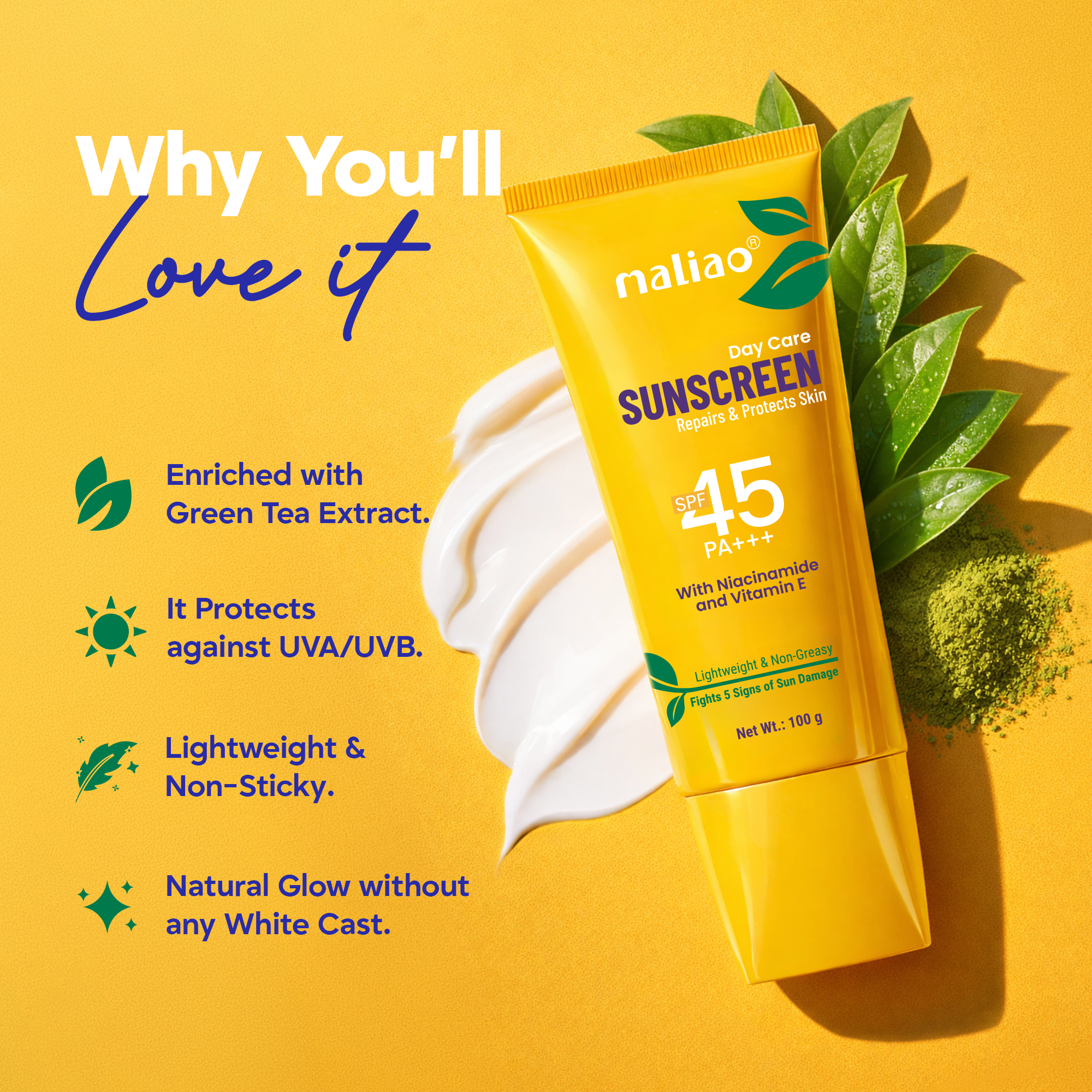 Maliao Green Tea Sunscreen SPF 45 PA+++ Face