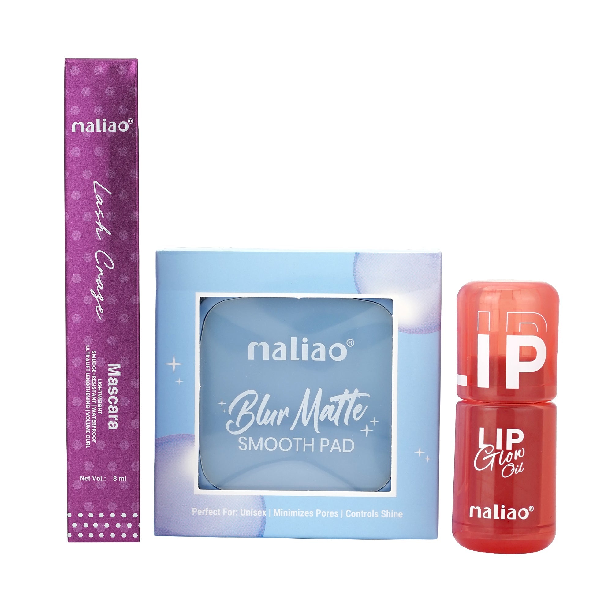 Maliao Blur Matte Smooth Pad, Maliao Lash Craze Mascara & Maliao Lip Glow Oil