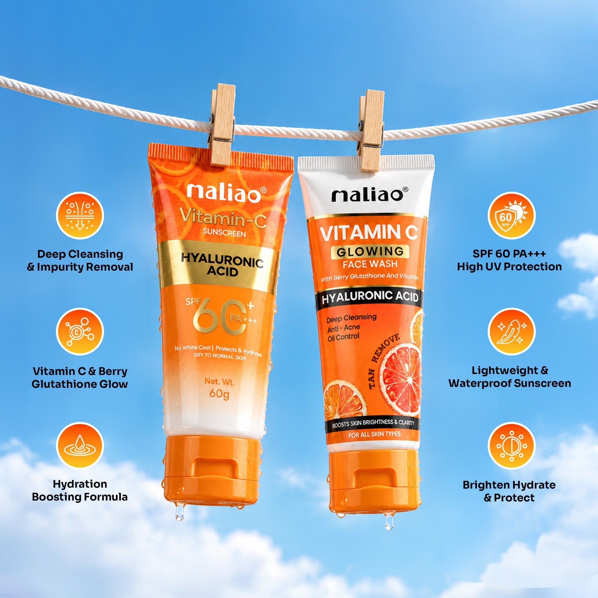 Maliao Vitamin C Glowing Facewash & Vitamin C Sunscreen Cream SPF 60 PA+++ Combo