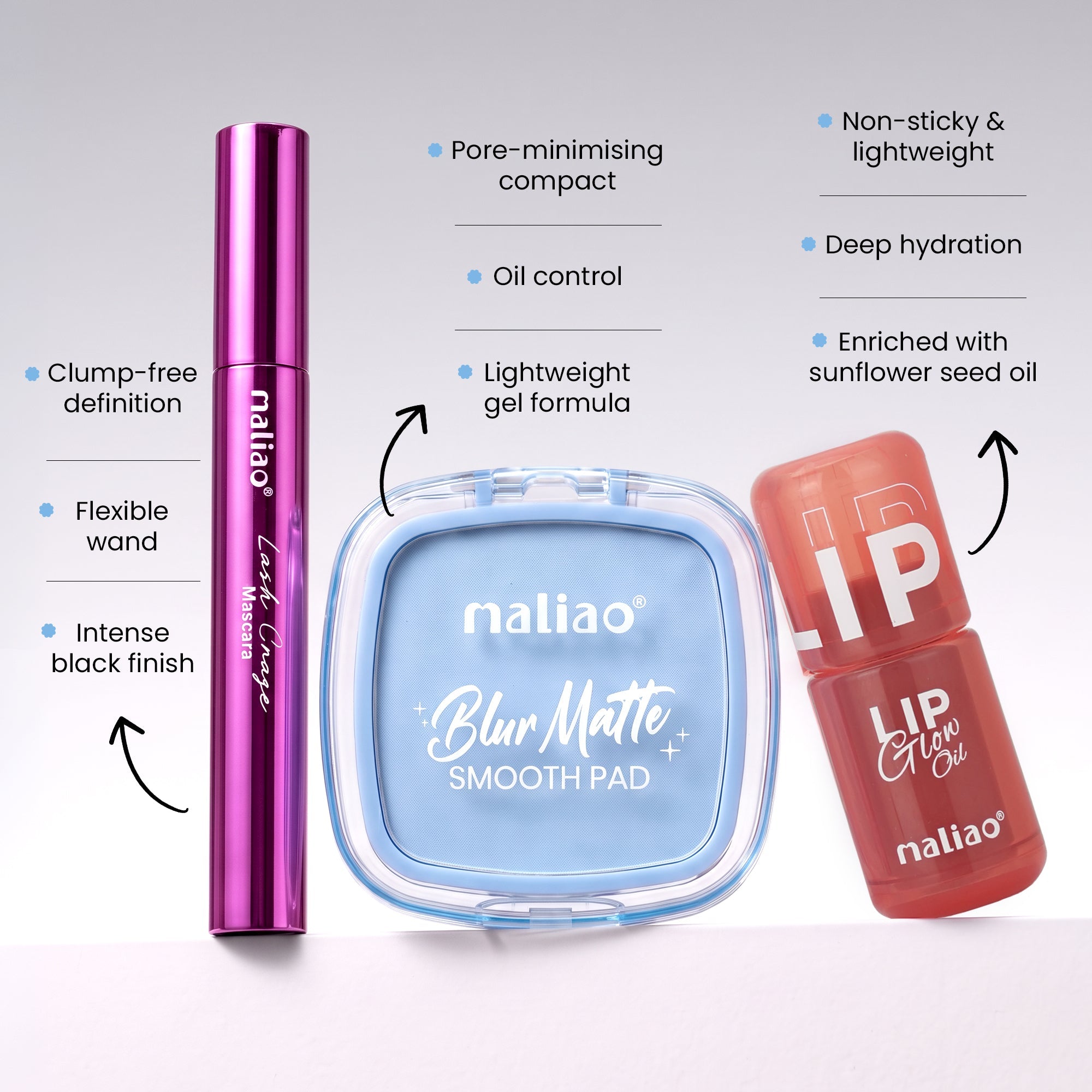 Maliao Blur Matte Smooth Pad, Maliao Lash Craze Mascara & Maliao Lip Glow Oil