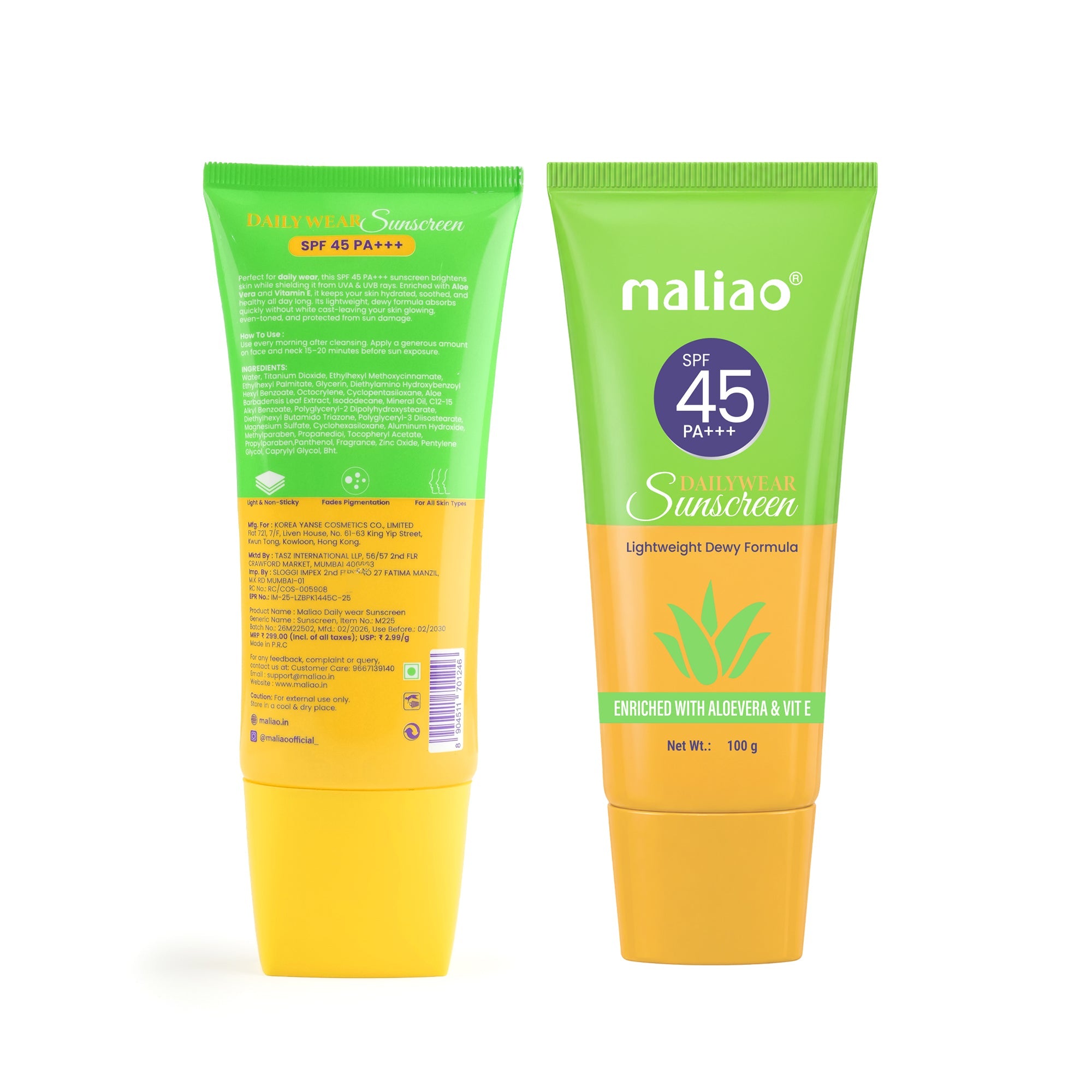 Maliao Dailywear Sunscreen SPF 45 PA+++ Face
