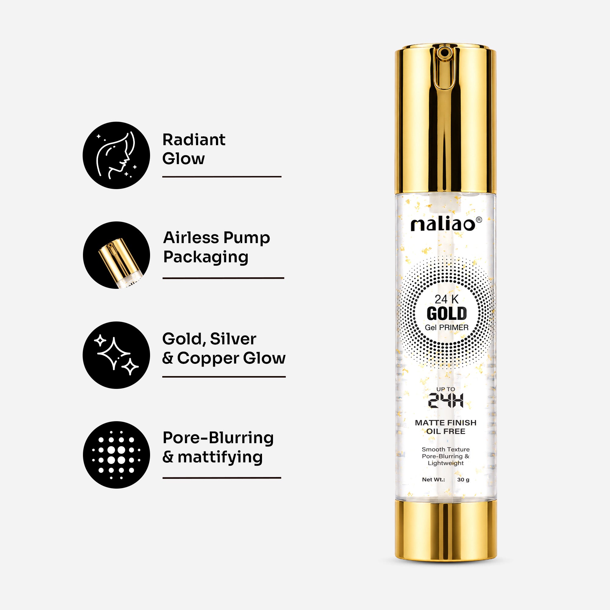 Maliao 24k Gold Gel Primer l Minimize Pore & Non-Greasy l With Gold, Silver & Copper Face
