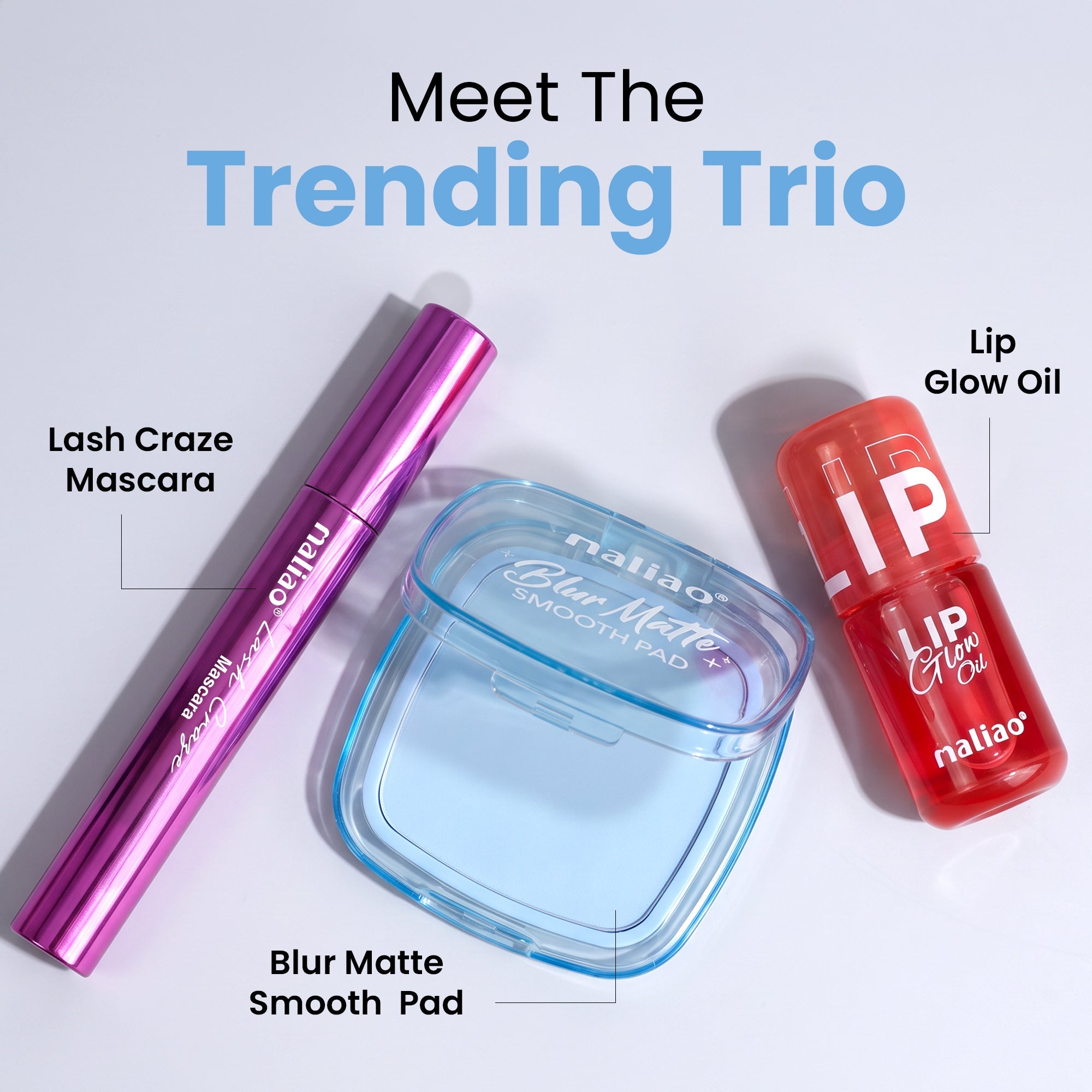 Maliao Blur Matte Smooth Pad, Maliao Lash Craze Mascara & Maliao Lip Glow Oil