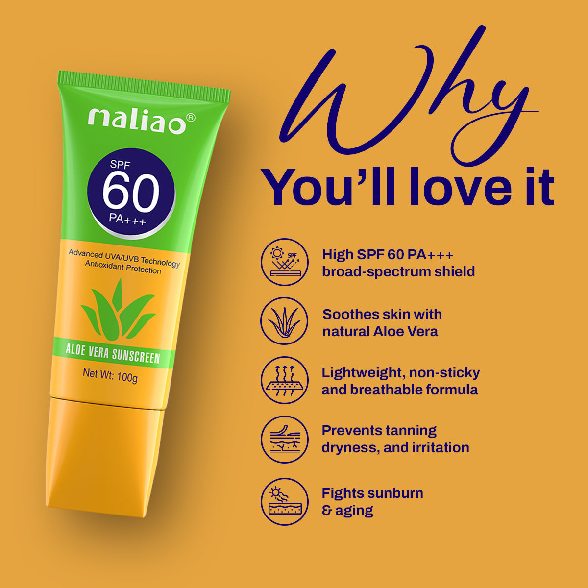 Maliao Aloe Vera Sunscreen SPF 60 PA+++ Face